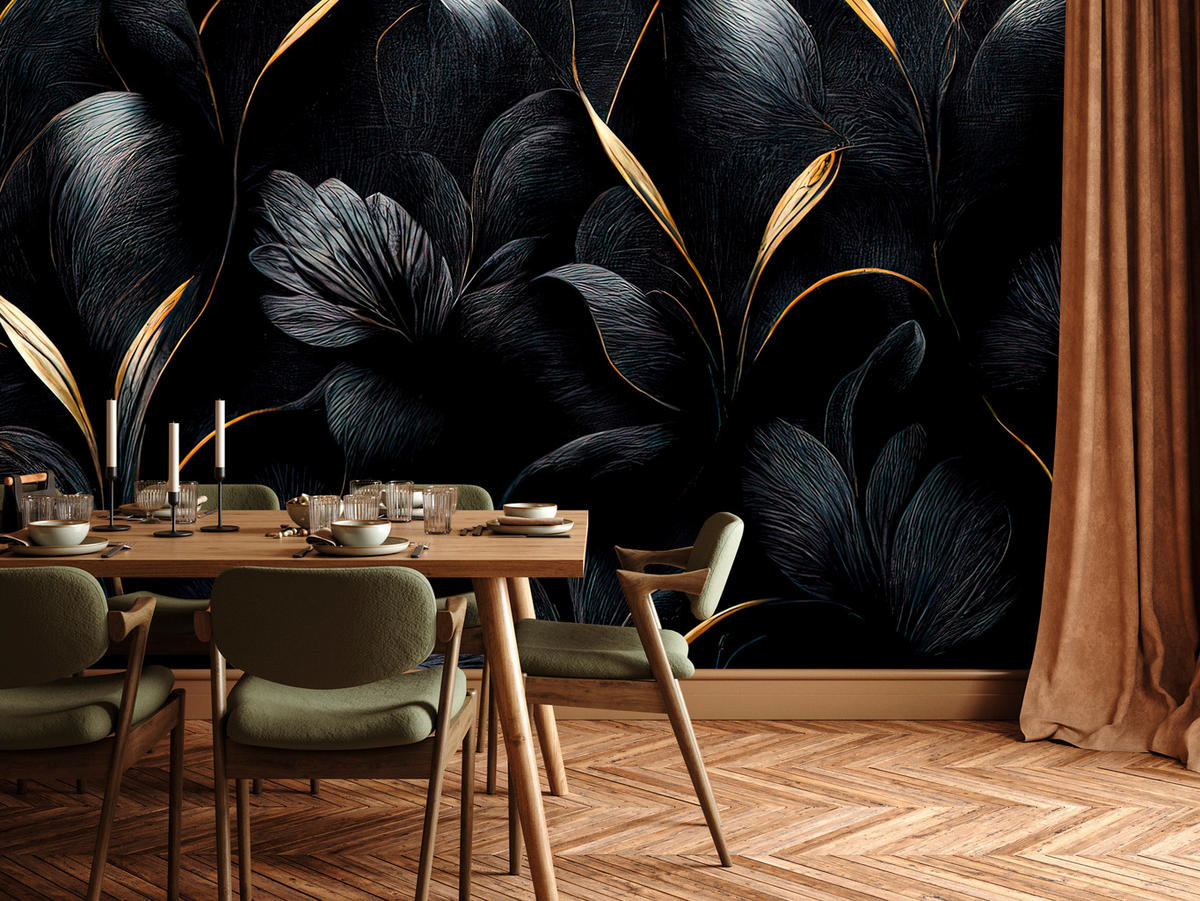 FOTOTAPETE für Wohnzimmer Schwarze Blätter Gold Luxus 400x280 - Goldfarben/Schwarz, Papier (400/280cm) - Muralo