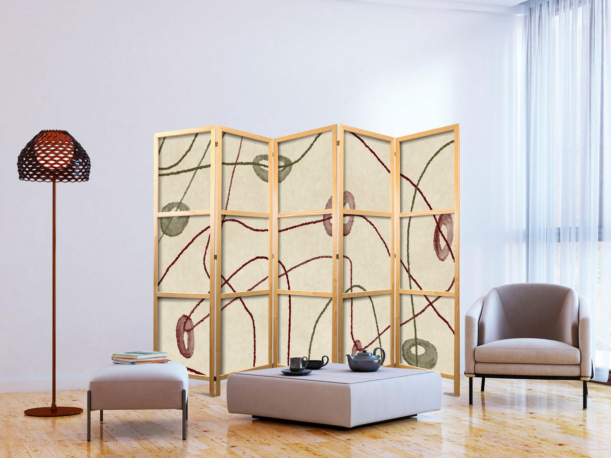 PARAVENT Japanischer 5-tlg 225x172 cm Retro Abstraktion - Beige, Holz/Textil (225/172/3cm) - Muralo
