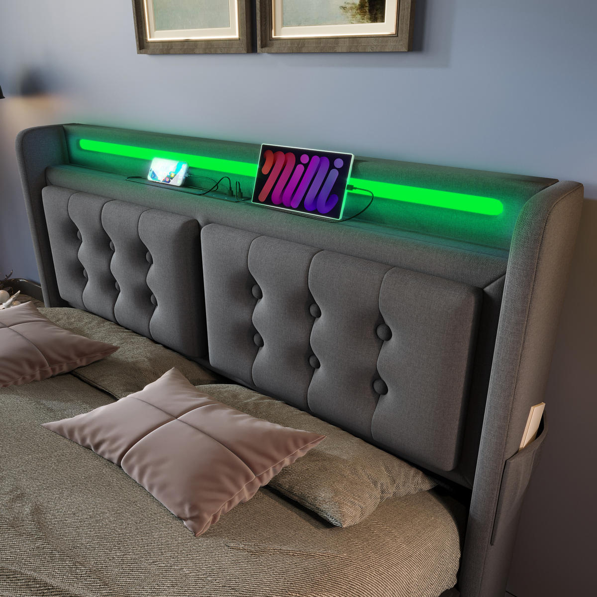 POLSTERBETT 140/200 cm Grau mit LED-Beleuchtung und USB-Anschlüssen - Grau, Textil (140/200cm) - OKWISH