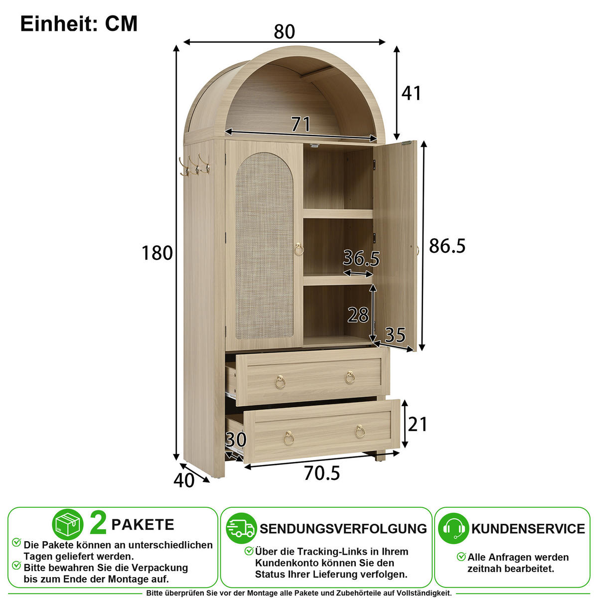 SIDEBOARD in Eichenholzoptik 80/40/180 cm aus MDF mit Korbgeflecht-Türen, Schubladen und Stauraum - Eichefarben, Holzwerkstoff/Metall (80/180/40cm) - CHICFURN