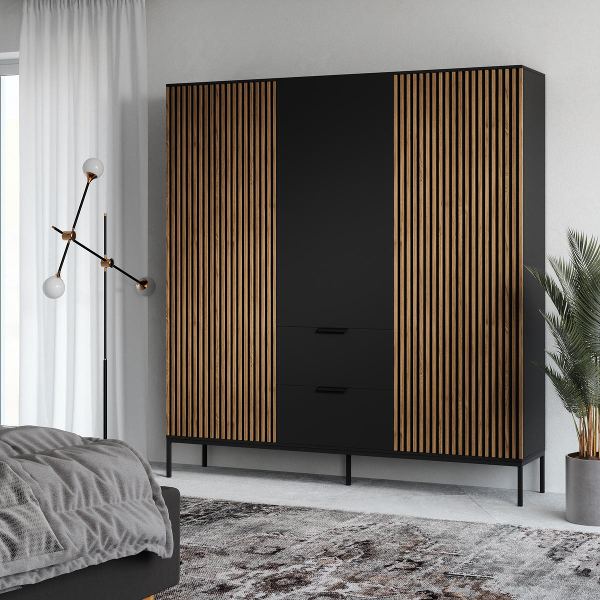 DREHTÜRENSCHRANK - Schrank Meteor (Schwarz + Artisan) - Schwarz, Holzwerkstoff/Metall (185/200/60cm) - Möblo