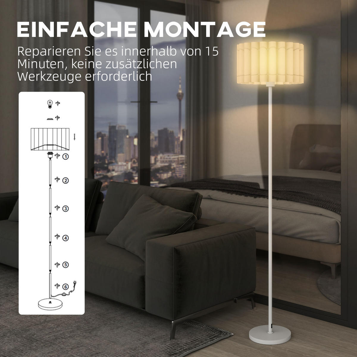 STEHLAMPE, Stehleuchte mit E27 Fassung, mit Wellenschirm für Wohnzimmer, Weiß - Weiß, Kunststoff (35/35/153cm) - HOMCOM