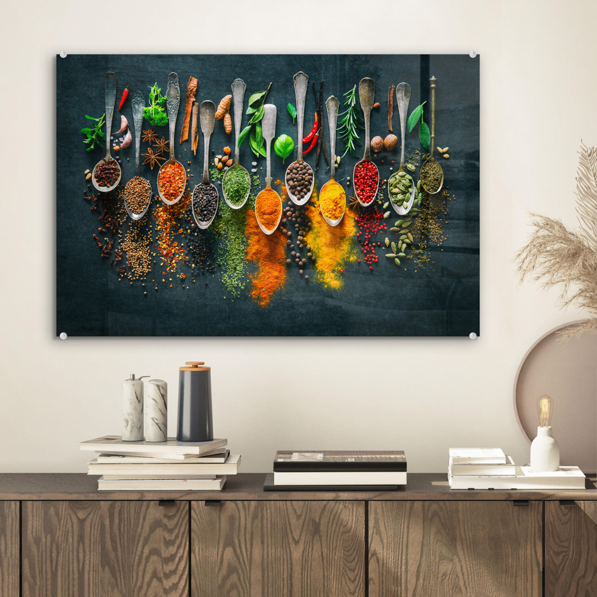 ACRYLGLASBILD Kräuter - Gewürze - Löffel 60x40 cm - Currygelb, Glas (60/40cm) - MuchoWow