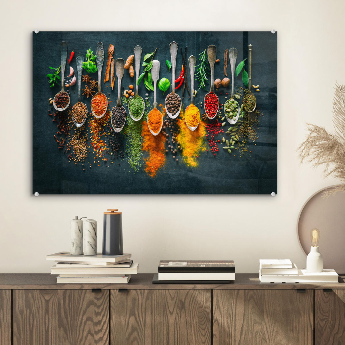 ACRYLGLASBILD Kräuter - Gewürze - Löffel 60x40 cm - Currygelb, Glas (60/40cm) - MuchoWow