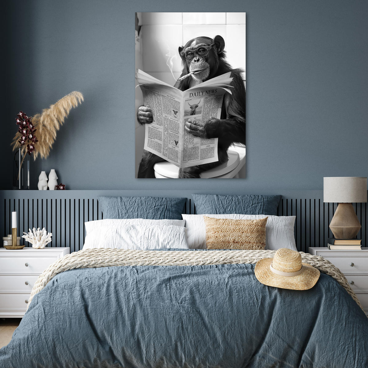 POSTER Affe - WC - Zeitung - Schwarz-Weiß - Humor 80x120 cm - Hellgrau, Papier (80/120/0.1cm) - MuchoWow