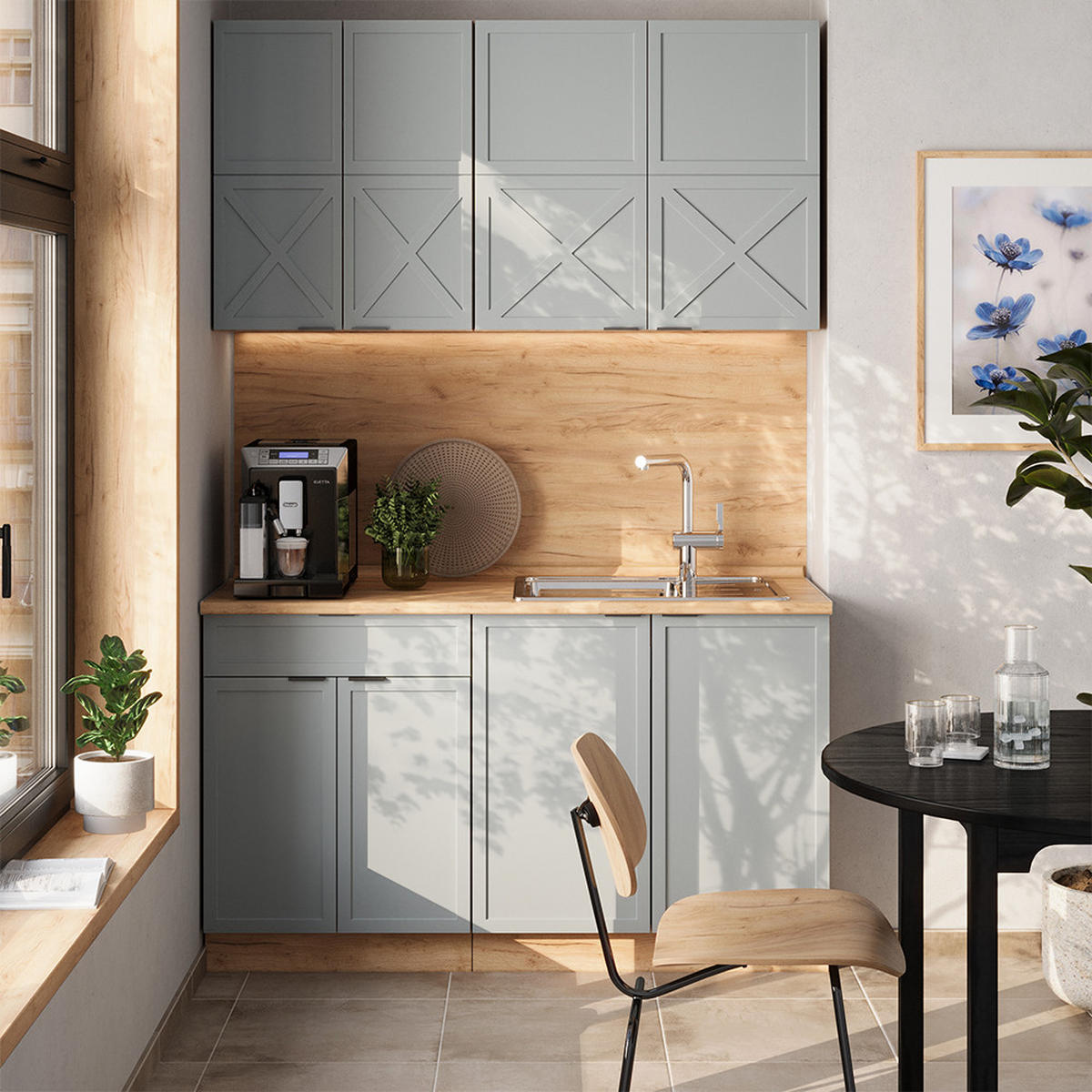 SINGLEKÜCHE Fame-Line Hellblau-grau/Goldkraft Eiche 140 cm, AP Marmor - Honigeiche/Blaugrau, Holzwerkstoff (140/81.6/60cm) - Vicco