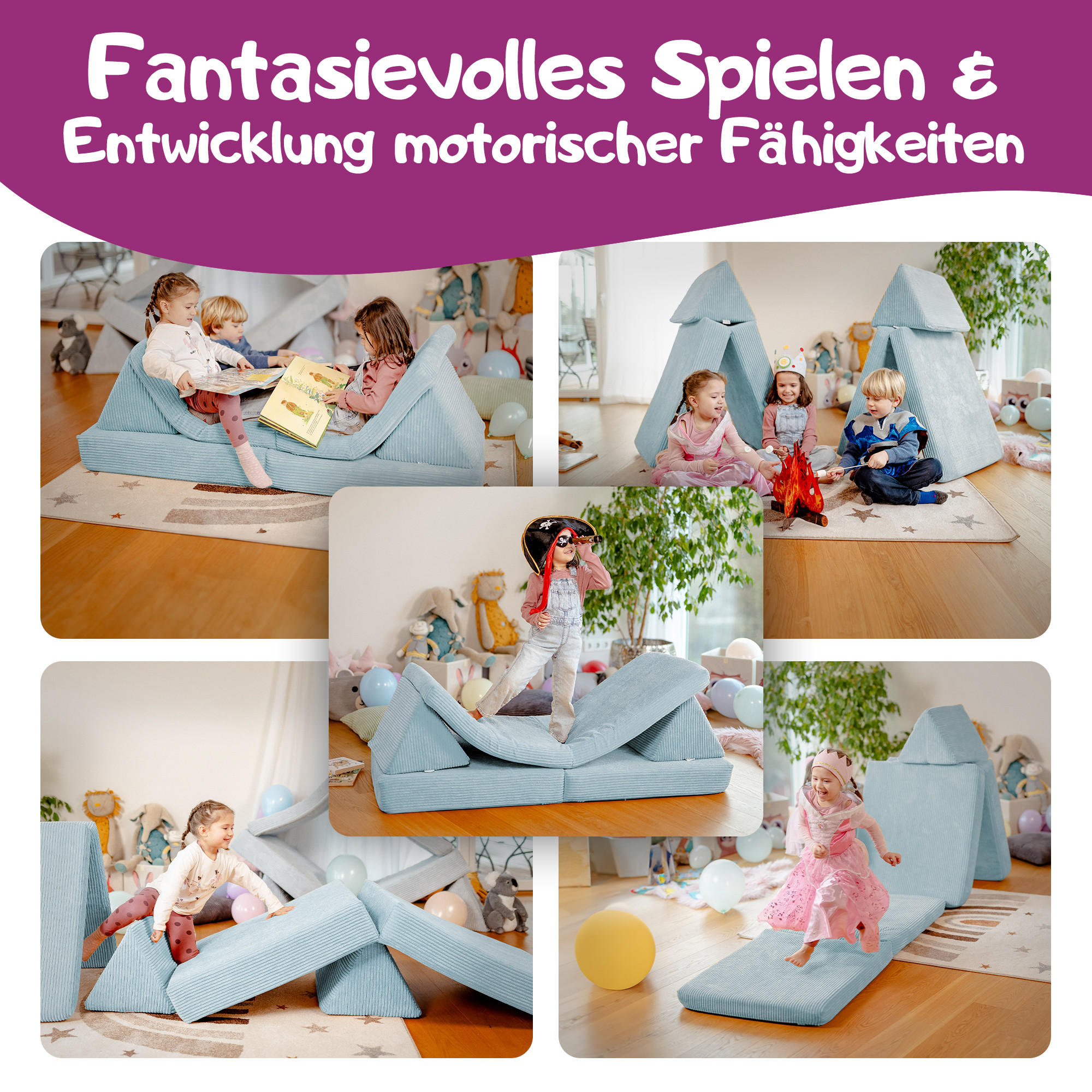 KINDERSOFA Spielparadies - Blau, Textil (66/52/150cm) - Linodino