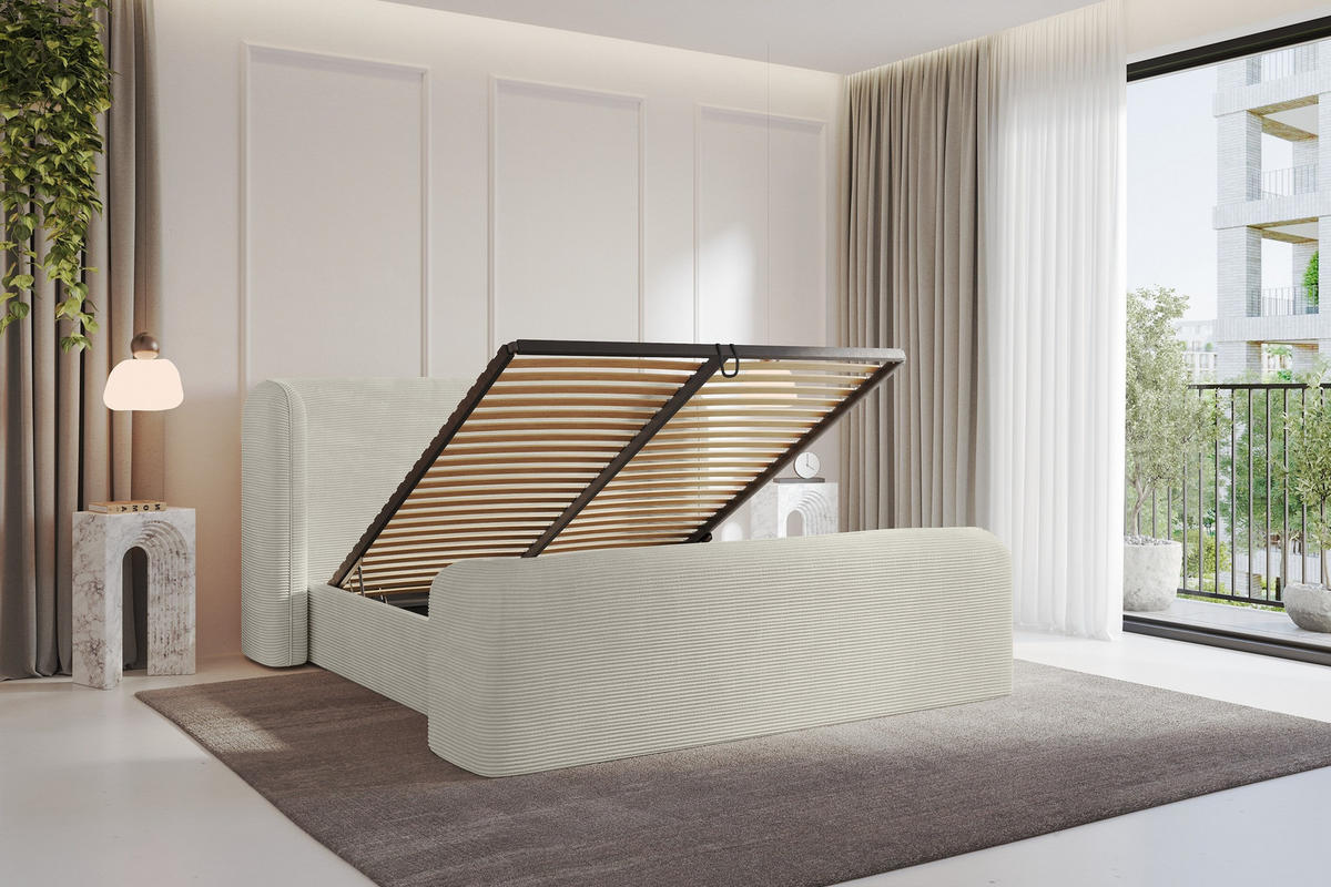 POLSTERBETT mit Bettkasten, Fußteil und Lattenrost, Boxbett ohne Matratze - ESTI-Z 160x200 Creme - Creme, Holzwerkstoff/Textil (160/200cm) - ALTDECOR
