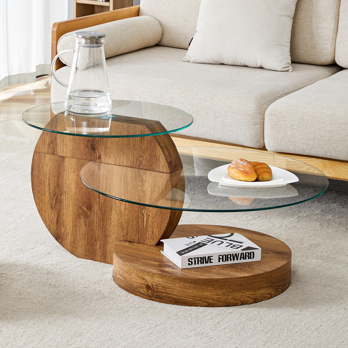 COUCHTISCH in Naturfarbe Wohnzimmertisch mit zwei Ebenen aus Sicherheitsglas für Wohnzimmer, B90/T70/H44 cm - Transparent/Naturfarben, Glas/Holzwerkstoff (89.9/89.9/43.2cm) - STILVORA