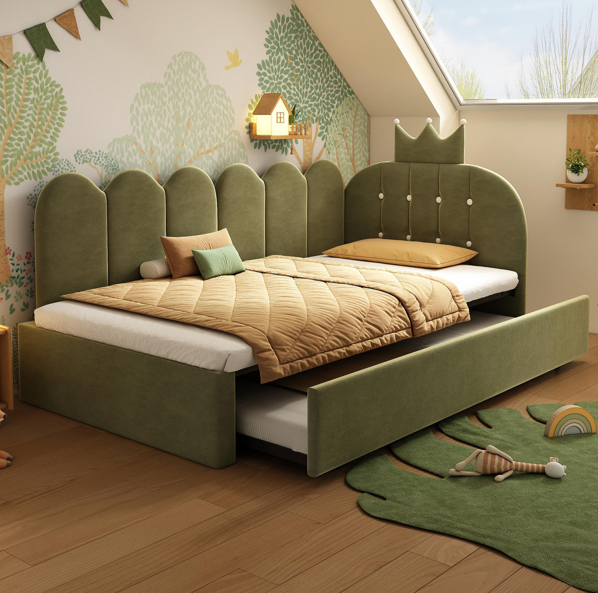 KINDERBETT aus Samt 90x200 cm Grün mit Ausziehbett und Kronen-Gitterdesign - Grün, Textil (90/200cm) - Modfu