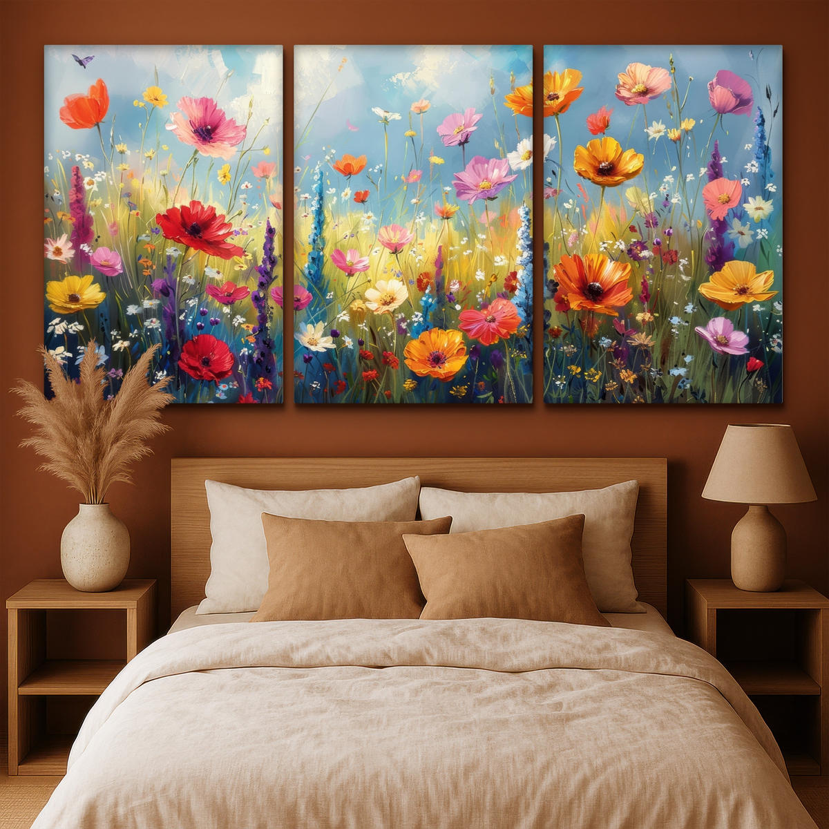 LEINWANDBILD 3er Set Blumen - Frühling - Farbenfroh - Sommerlich 240x120 cm - Orange, Textil (240/120cm) - MuchoWow
