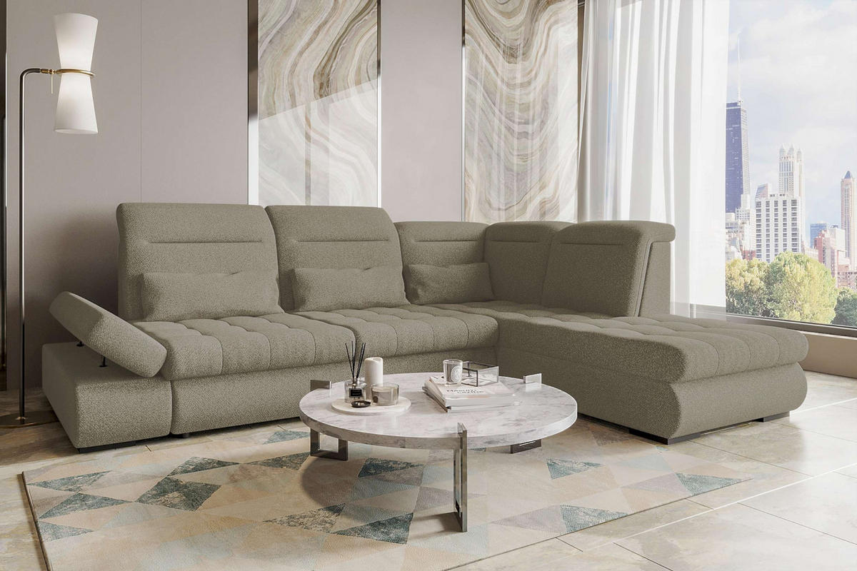 ECKSOFA Toscana Strukturstoff inkl. Schlaffunktion - Hellbraun, Textil (279/227cm) - 99rooms