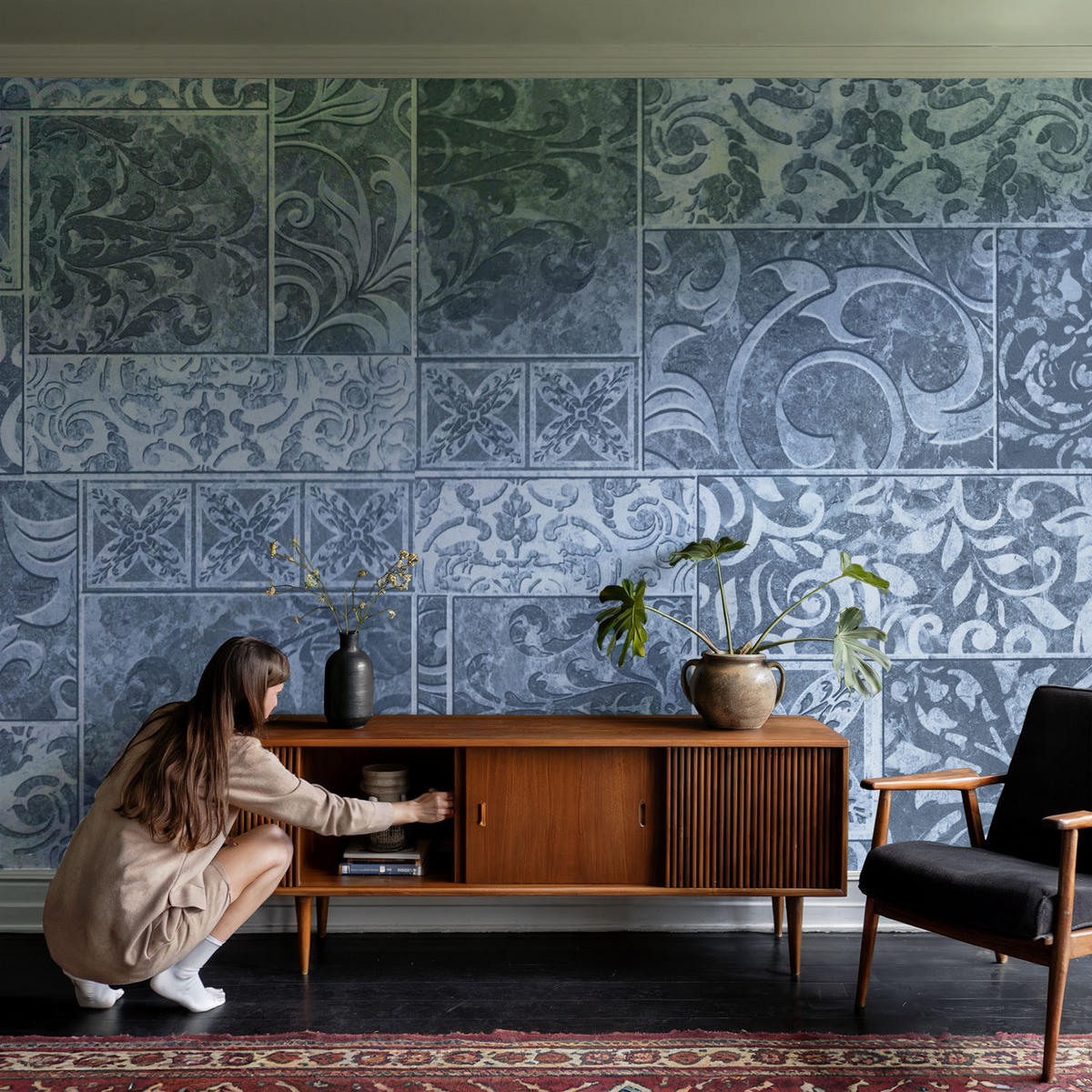 FOTOTAPETE 104x70 cm - Pflanzenornamente - Blau, Textil (104/70cm) - Wallfluent