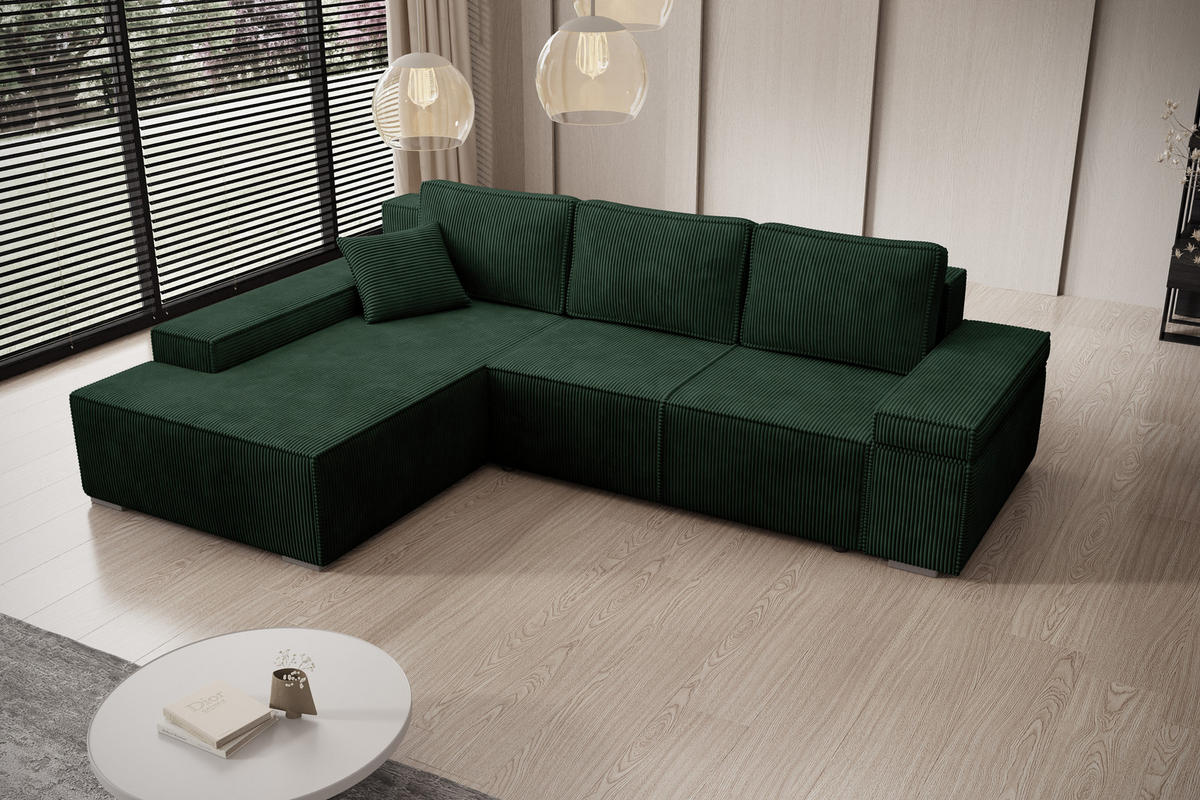 ECKSOFA Milo mit Schlaffunktion und Bettkasten, Couch L-Form, Cord-Stoff, 273x85x185 cm, Grün - Grün, Holz (185/273cm) - PROMETO Möbel