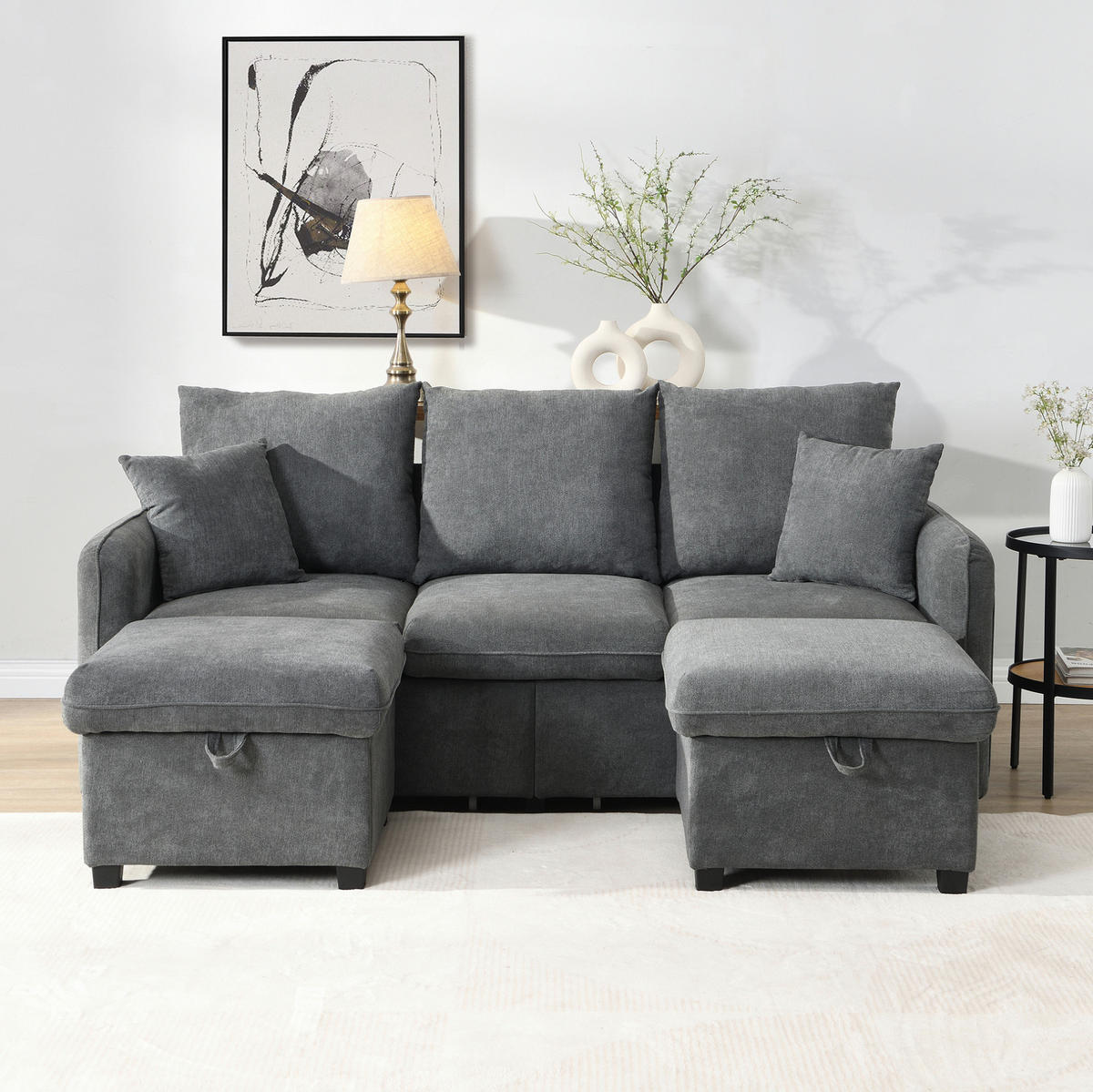 ECKSOFA U-Form Chenille mit Schlaffunktion und Stauraum 3-Sitzer und 2 Hocker 188/186/86 cm Dunkelgrau - Dunkelgrau, Kunststoff/Textil (186/188cm) - Redom