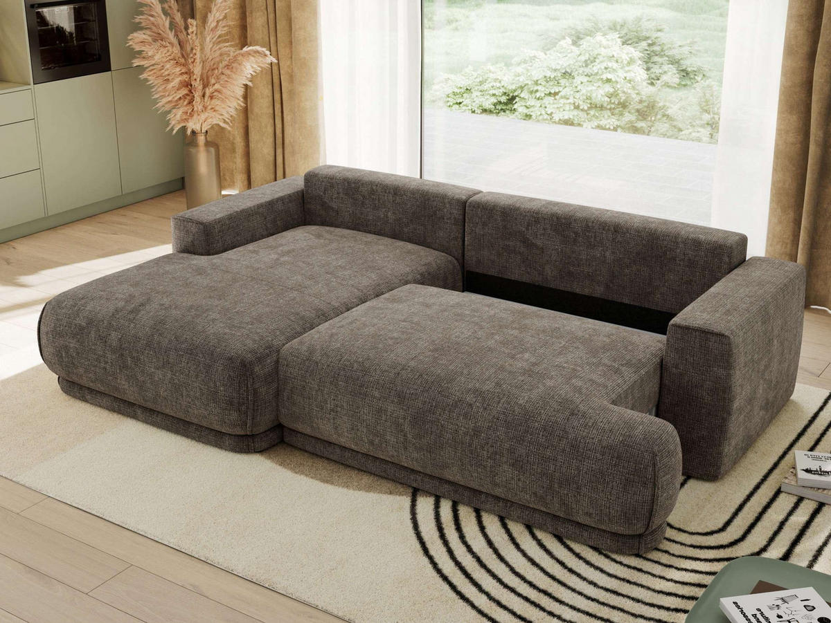ECKSCHLAFSOFA RINA L Braun Schenille grob gewebt - links - Schwarz/Braun, Kunststoff/Textil (267/170cm) - MKS