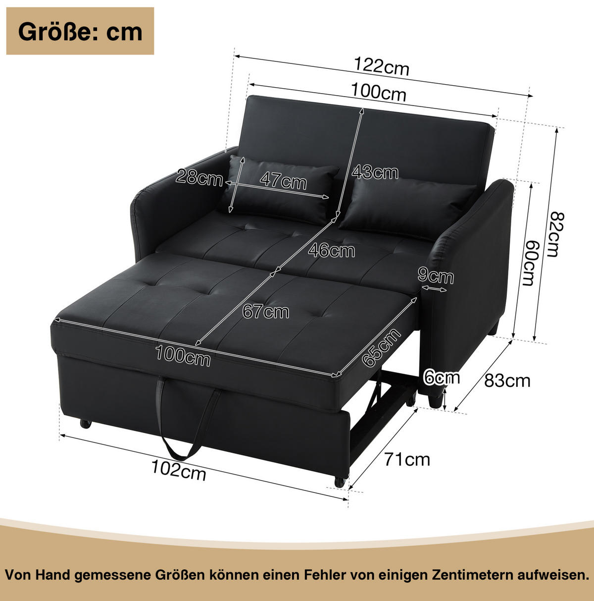 SCHLAFSOFA PU-Bezug wasserabweisend und ausziehbar Antikschwarz 122/83/82 cm - Schwarz, Kunststoff (83/82/122cm) - Redom