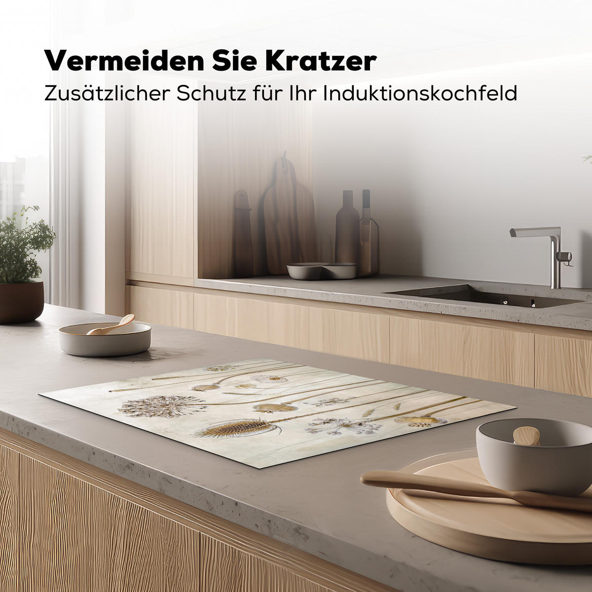 HERDABDECKPLATTE Blumen - Aquarell - Stilleben - Braun - Vintage 71x52 cm - Sandfarben, Kunststoff (71/52/0.2cm) - MuchoWow