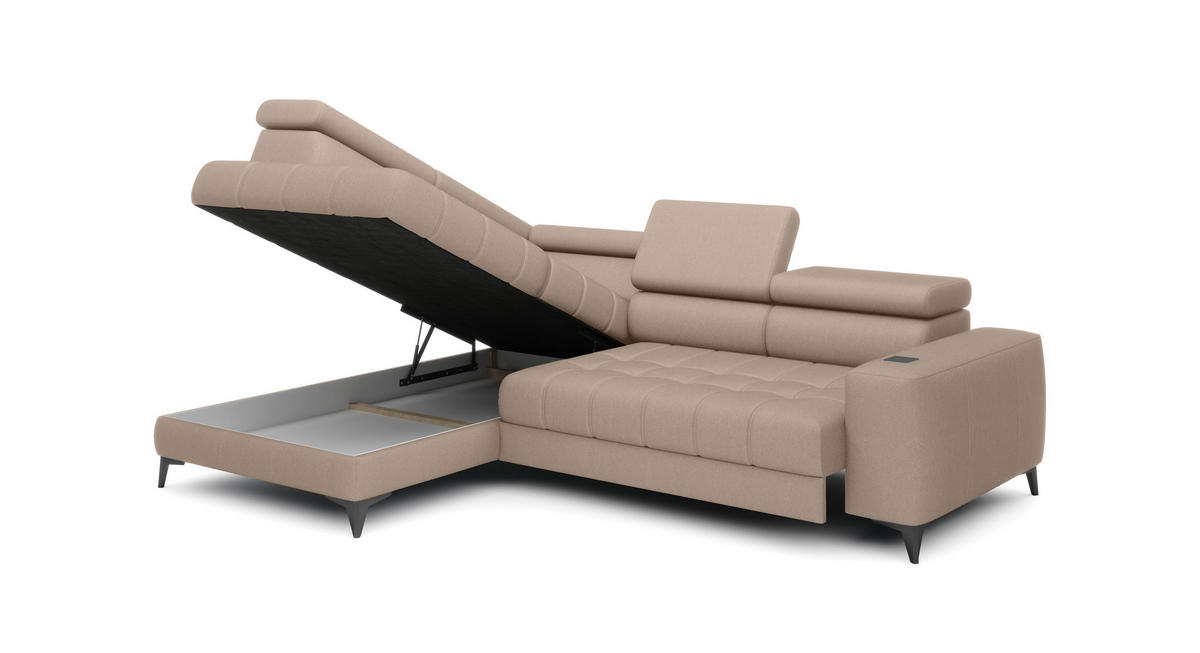 ECKSOFA BAGGIO Letto Stoff, Schlaffunktion, Bettkasten, Sitztiefe, Kopfstützen 280x196cm – Links – Beige - Beige, Holz/Textil (196/280cm) - DomoHome