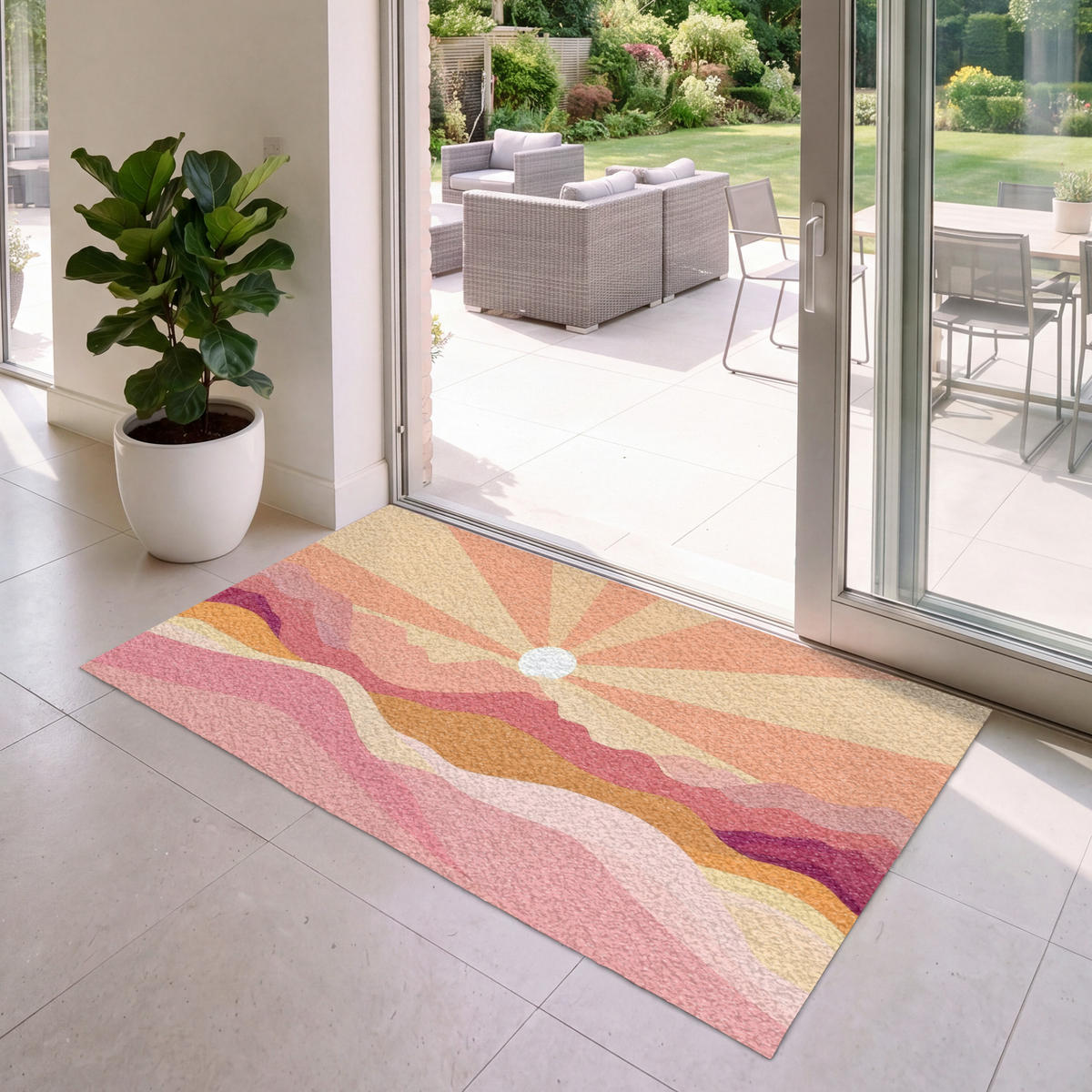 FUSSMATTE Berge - Abstrakt - Sonnenstrahlen - Rosa Sauberlaufmatte 150x90 cm - Rosa, Kunststoff (150/90cm) - MuchoWow