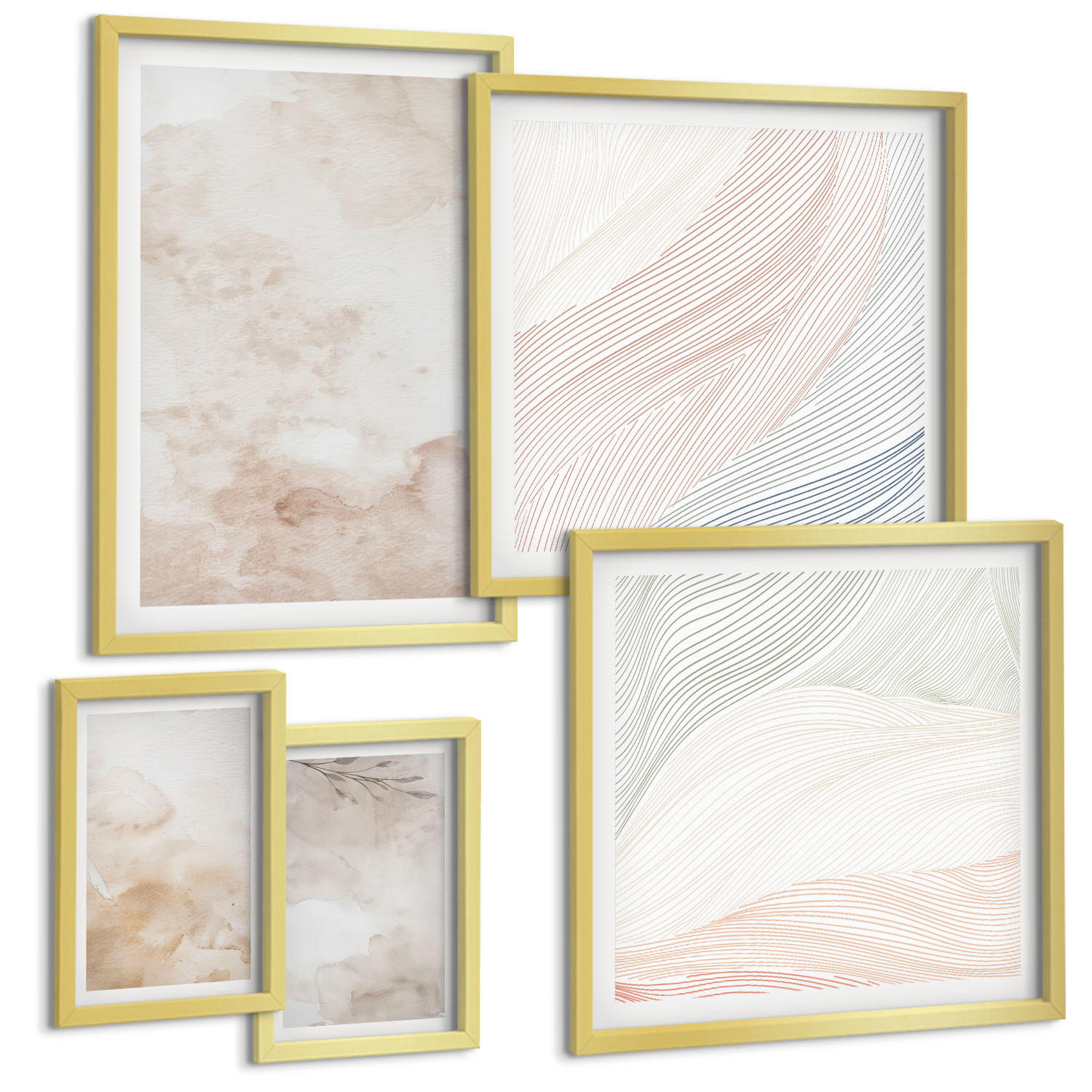 BILDER SET 5er Set - 50x50 cm & 20x30 cm & 40x60 cm Goldrahmen - Aquarellblätter in Pastellfarben - Goldfarben, Kunststoff (40/60cm) - TULUP