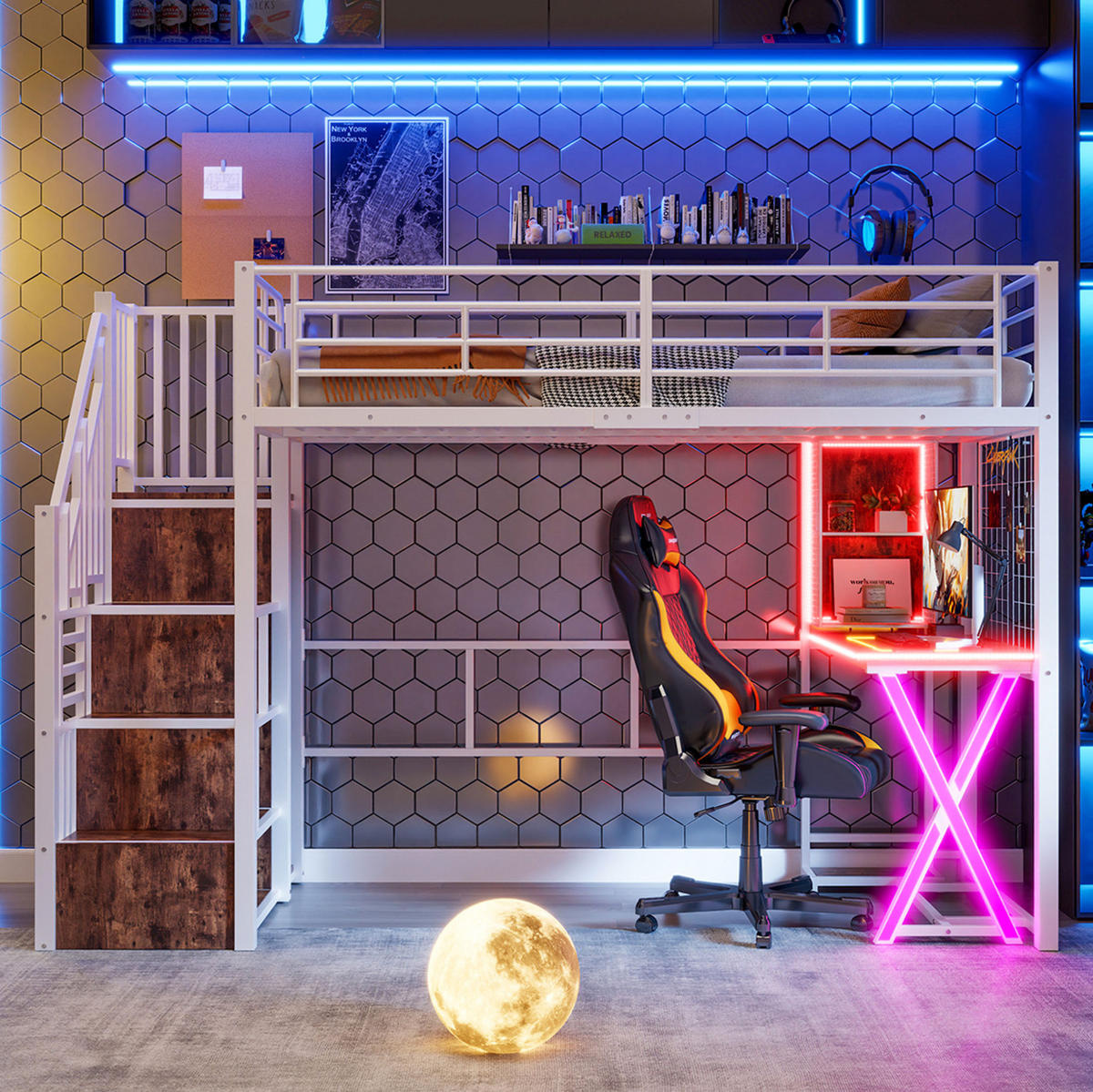 HOCHBETT 90/200 cm Weiß aus Metall und MDF mit Schreibtisch - Weiß, Metall (90/200cm) - OKMYHOME