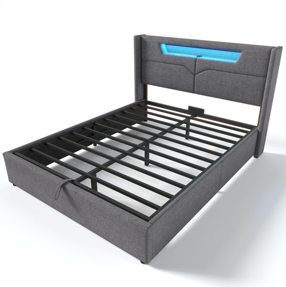 ČALOUNĚNÁ postel 160/200 cm s LED osvětlením, USB a USB-C nabíjením, úložným prostorem a matrací, Šedá - šedá, textil (160/160cm) - Redom