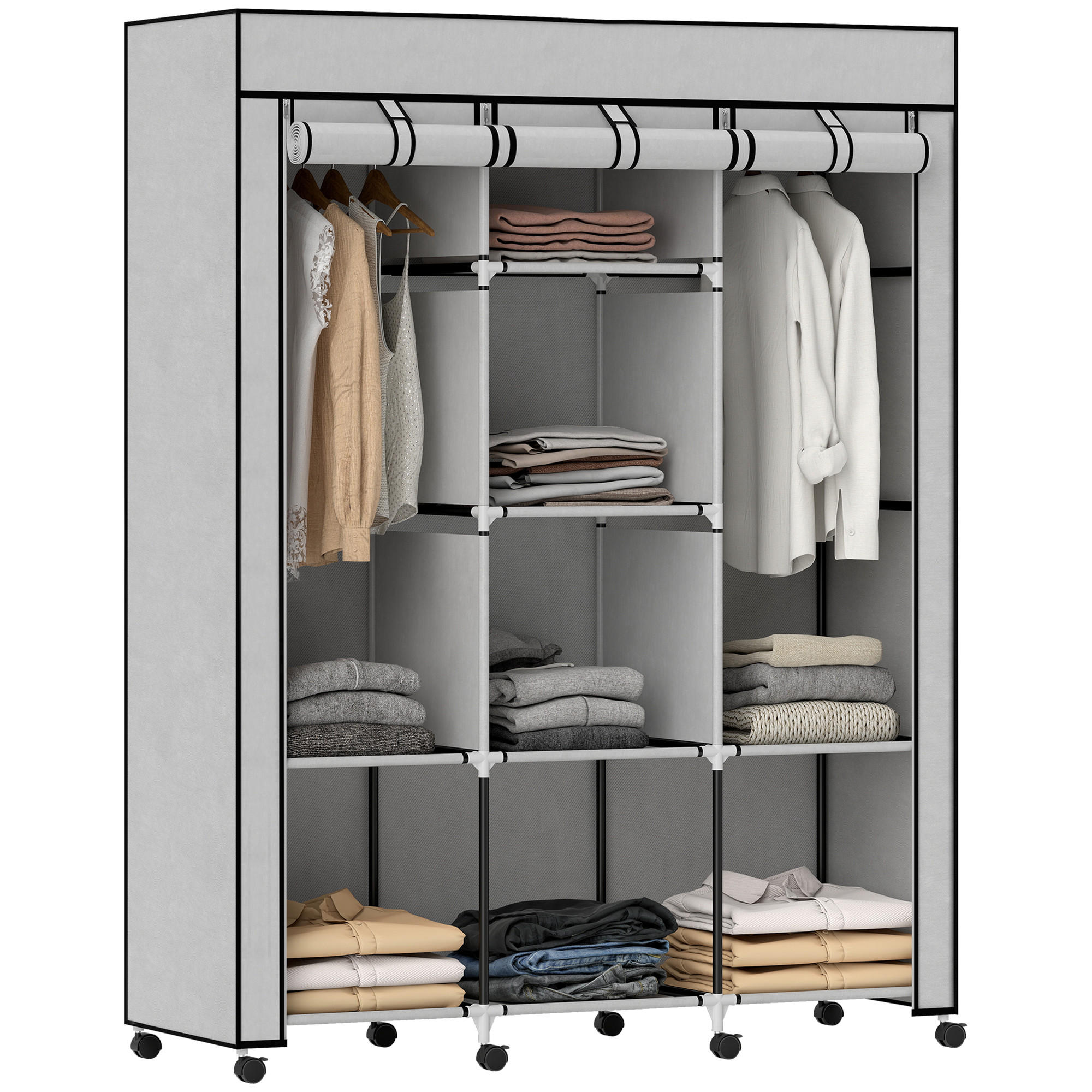 STOFFSCHRANK mit 8 Regalen und 2 Kleiderstangen, faltbarer Kleiderschrank als Aufbewahrungslösung in Grau - Hellgrau, Metall (125/162.5/43cm)