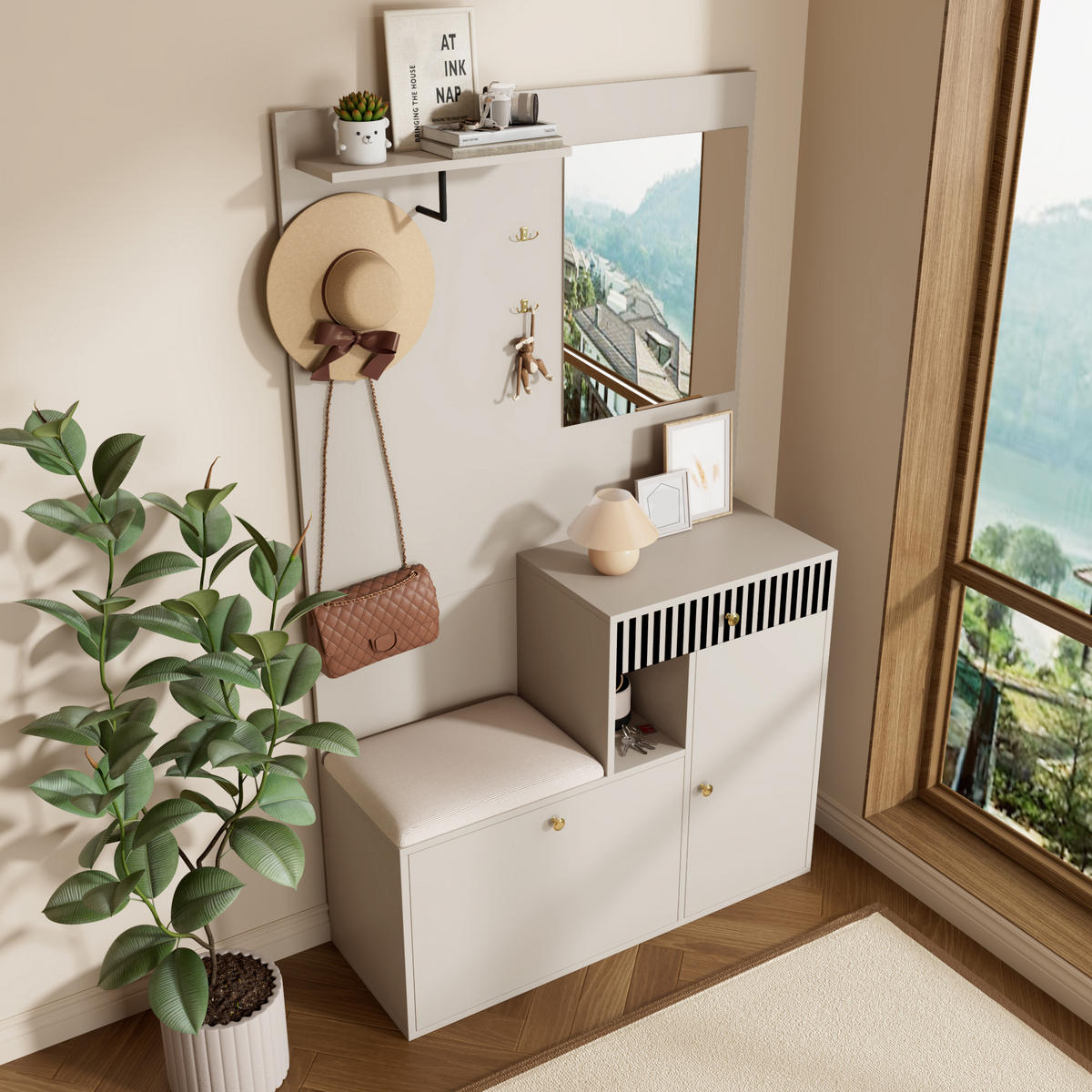 GARDEROBE-SET in Weiß Garderobenschrank mit Spiegel für Eingangsbereich und Flur, B110/T37/H185.5 cm - Beige, Glas/Holzwerkstoff (111/185.5/37cm) - STILVORA