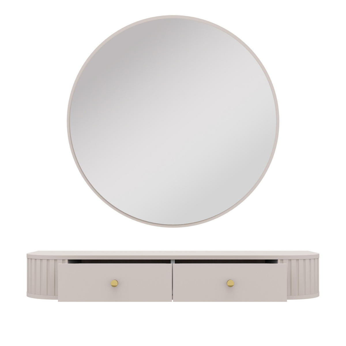 KONSOLENTISCH Halay Beige 2 Schubladen mit runden Kanten + Rund Spiegel 100 cm - Beige/Goldfarben, Holzwerkstoff/Metall (35.9/123/17.5cm) - AX Living