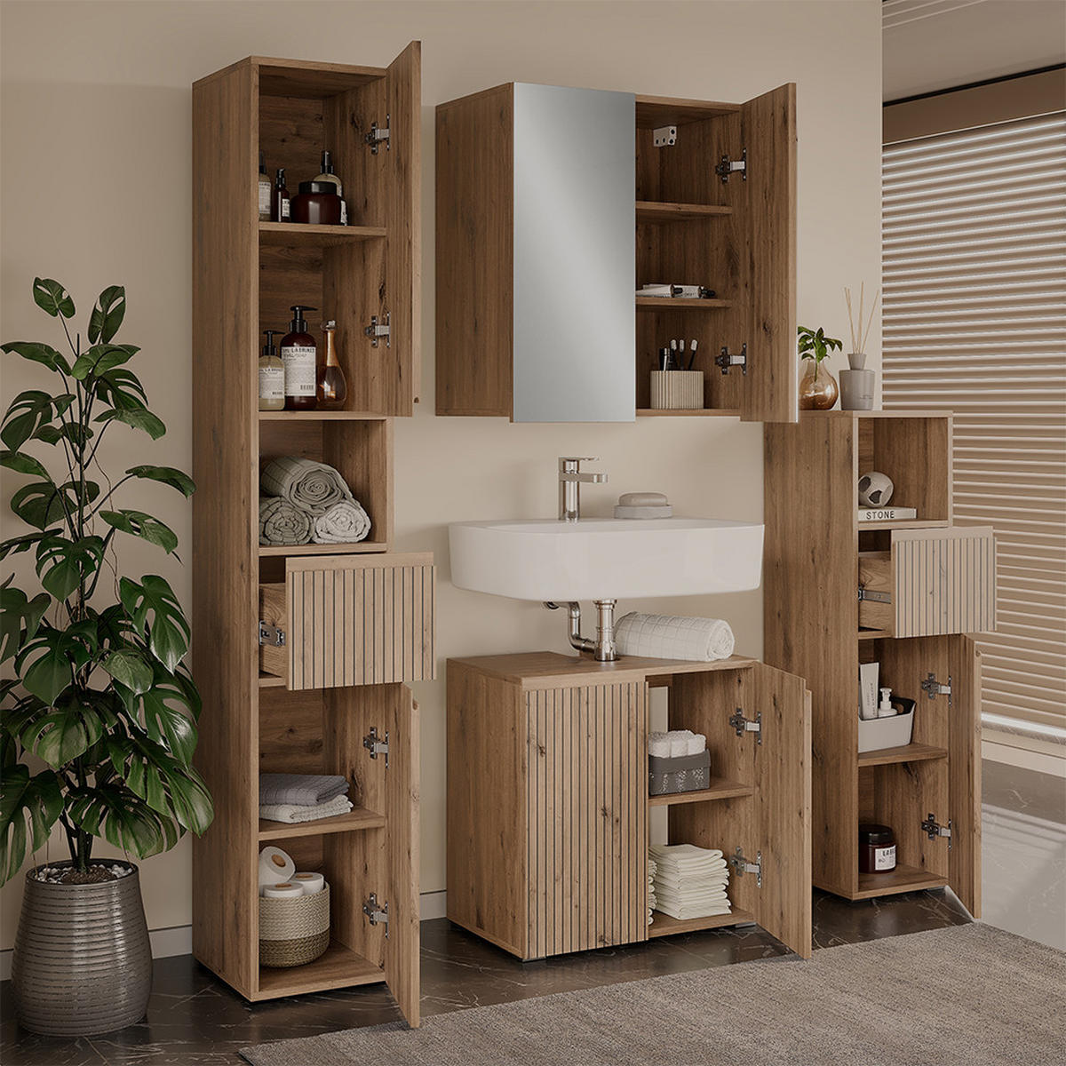 BADMÖBEL-SET Takumi Artisan 4 Teile - Hellgrau, Holzwerkstoff (60/58/35cm) - Vicco