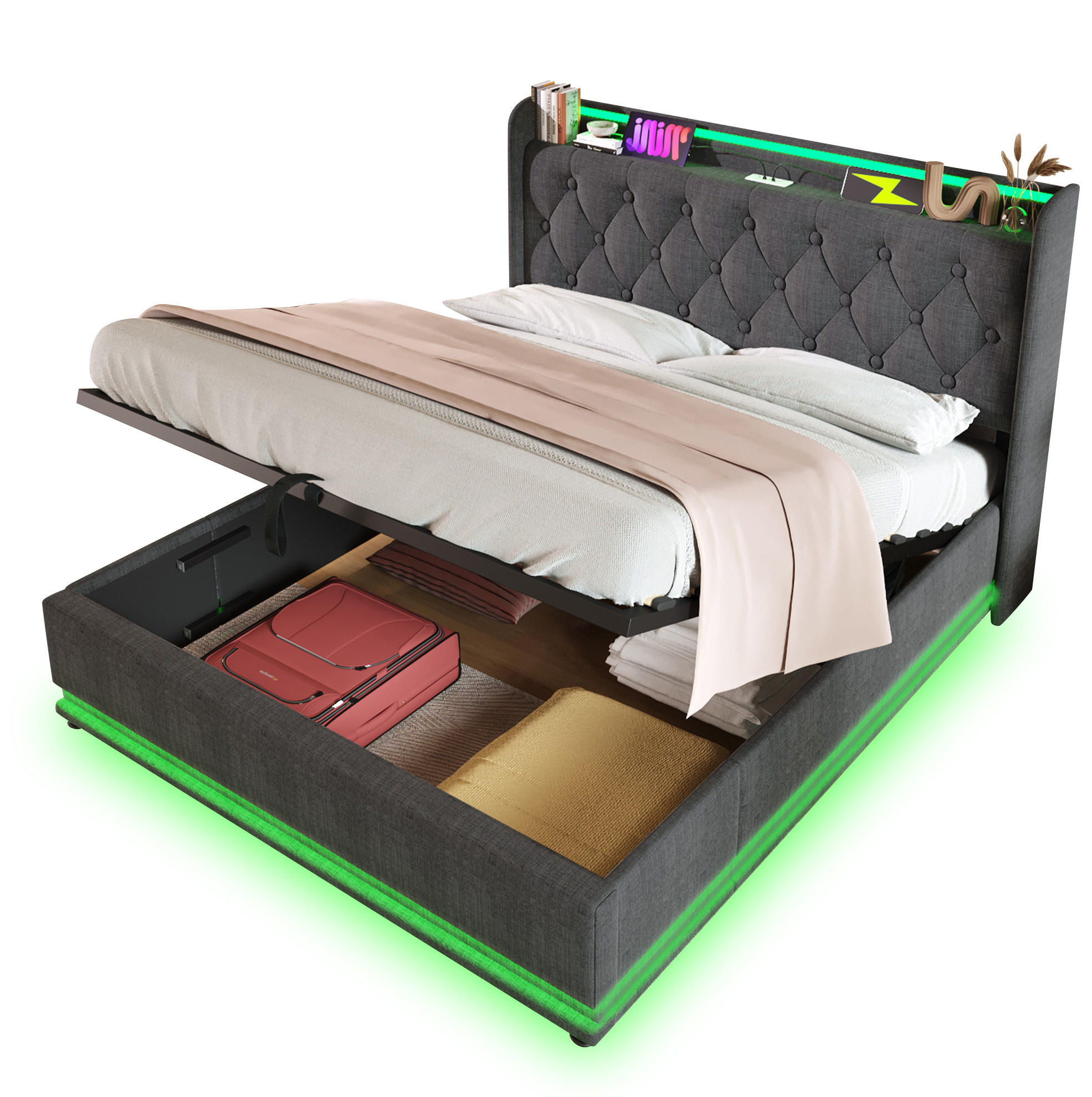 POLSTERBETT 160/200 cm Grau mit 360-Grad-LED und USB-Anschluss mit Matratze - Grau, Textil (160/200cm) - OKWISH
