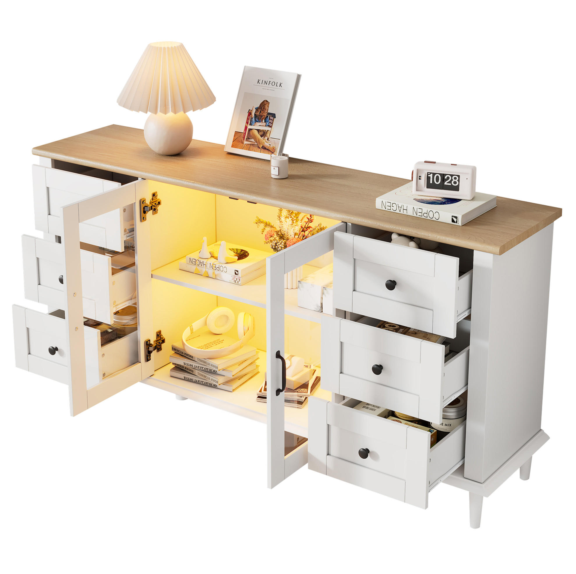 SIDEBOARD 150/40/75 cm mit 6 Schubladen, 2 Acryltüren und LED-Beleuchtung, Weiß/Holzton - Weiß, Holzwerkstoff (150/75/40cm) - Redom