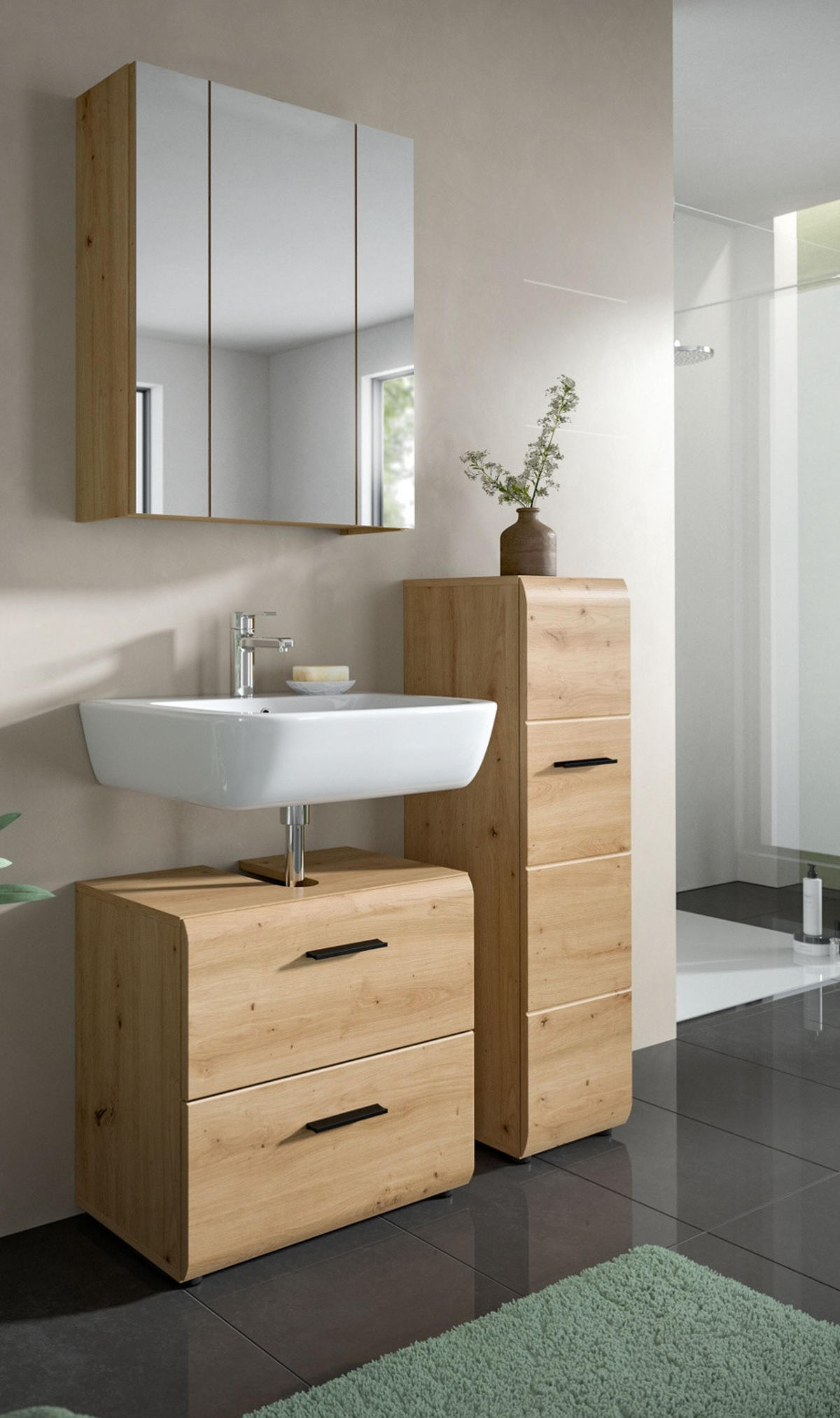 BADMÖBEL-SET 3-teilig, Artisan Eiche, Badkombination 105 x 185 cm, Cover - Schwarz/Eiche Artisan, Glas/Holzwerkstoff (105/185/30cm) - Inn.Furn