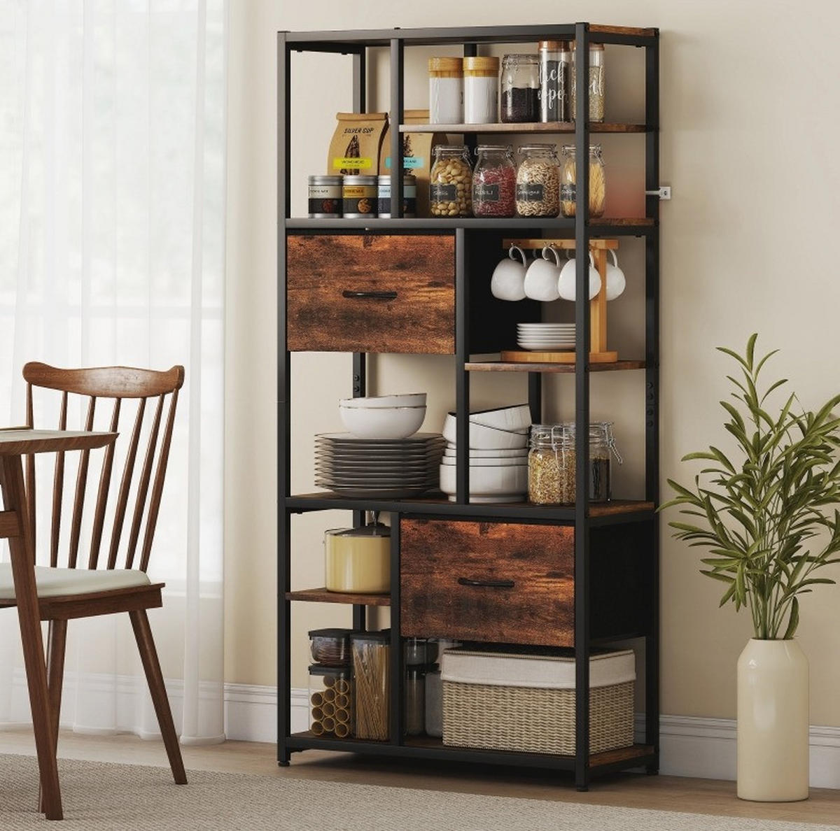 BÜCHERREGAL 72,5/30/150 cm mit 9 offenen Fächern und 2 Stoffschubladen - Braun, Holzwerkstoff (72.5/150/30cm) - BEAOK