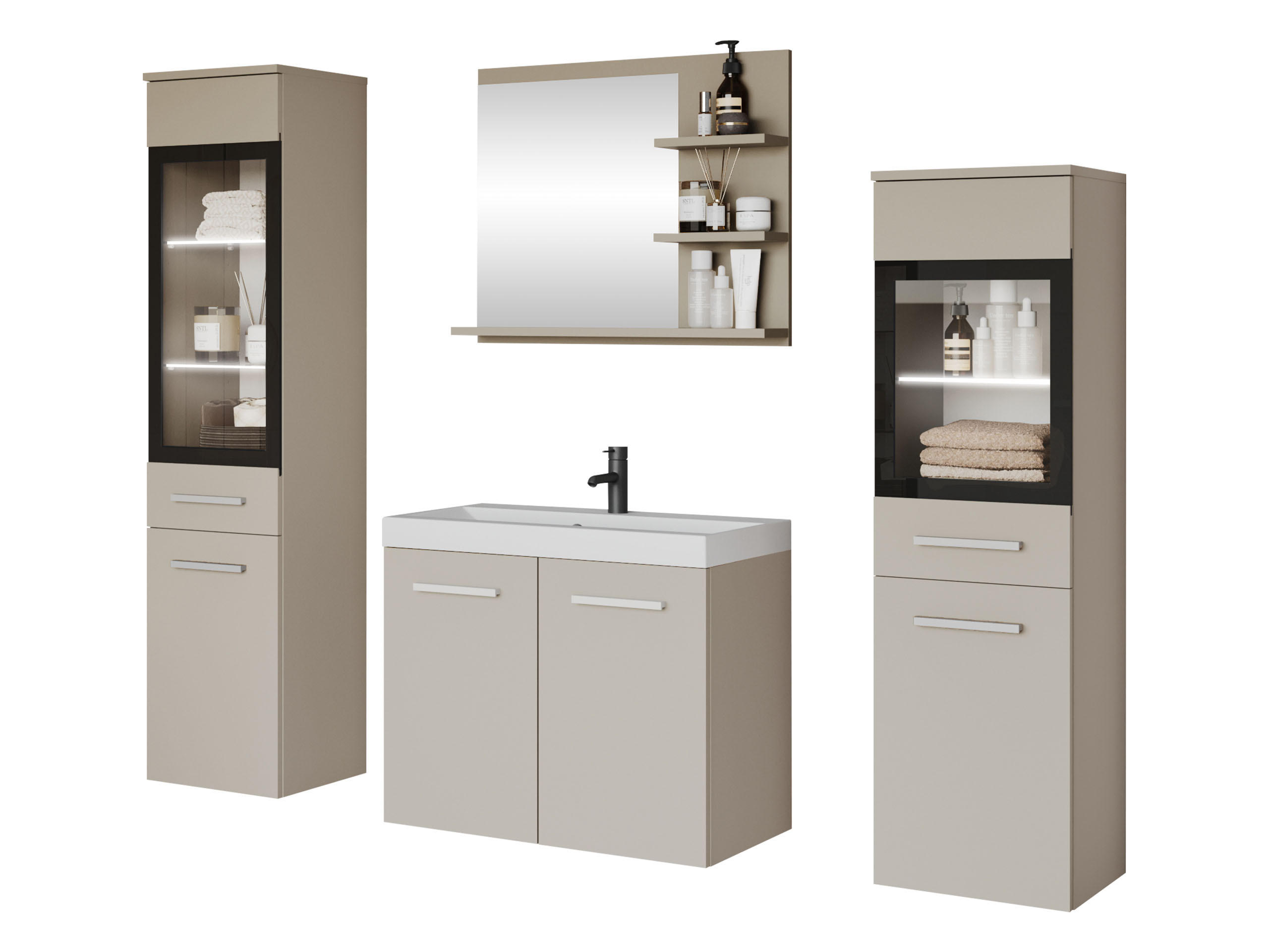 BADMÖBEL-SET Madrit I mit weißer LED Beleuchtung - Kaschmir, Holzwerkstoff (30/132/30cm) - MIRJAN24