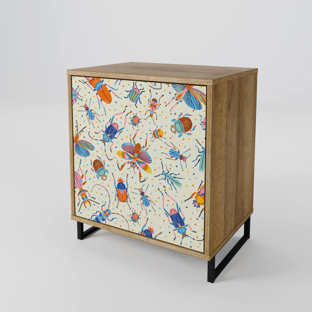 SIDEBOARD COLORFUL INSECTS, Eichefarben, 57,5x42x70,5 cm, Schwarze Metall-Sternfüße - Eichefarben/Multicolor, Holzwerkstoff/Metall (57.5/70.5/42cm) - SpaceRebels