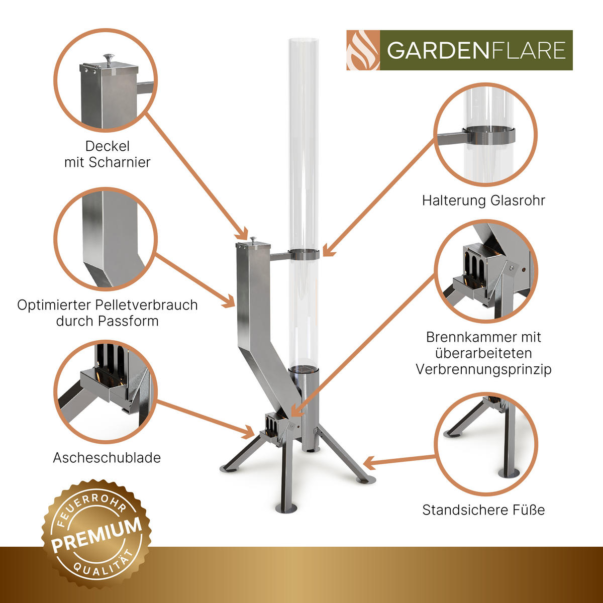 FEUERROHR Premium silber Edelstahl - Silberfarben, Metall (44/147.8/41.2cm) - Gardenflare