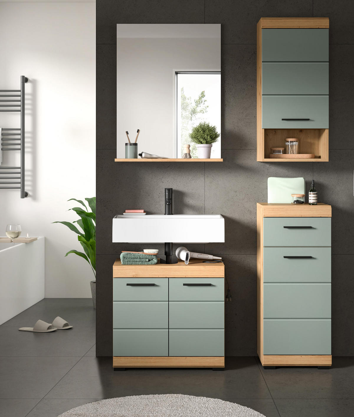 BADKOMMODE Salbei grün, Eiche Artisan 37 x 88 cm, Badschrank Türanschlag wechselbar - Salbeigrün/Schwarz, Holzwerkstoff/Kunststoff (37/88/31cm) - Inn.Furn