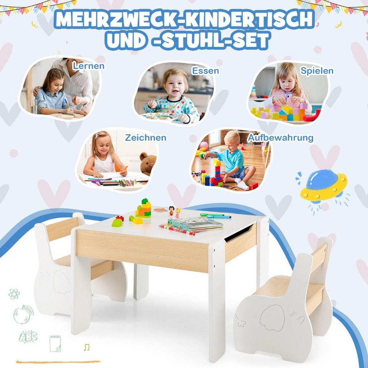 KINDERTISCH mit Stuhl weiß(3-tlg) - Weiß, Holzwerkstoff (63.5/48/61.5cm) - COSTWAY