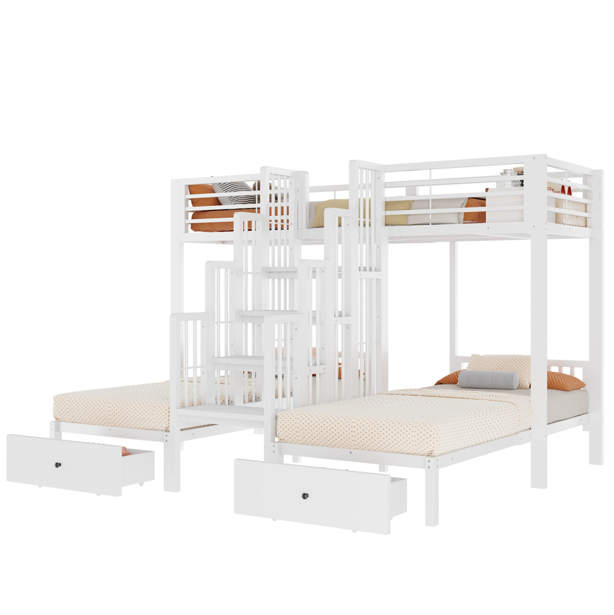 ETAGENBETT aus Metall und Holz 90x200 cm Weiß mit Treppe, Sicherheitsgeländern und 2 Schubladen - Weiß, Metall (90/200cm) - Modfu