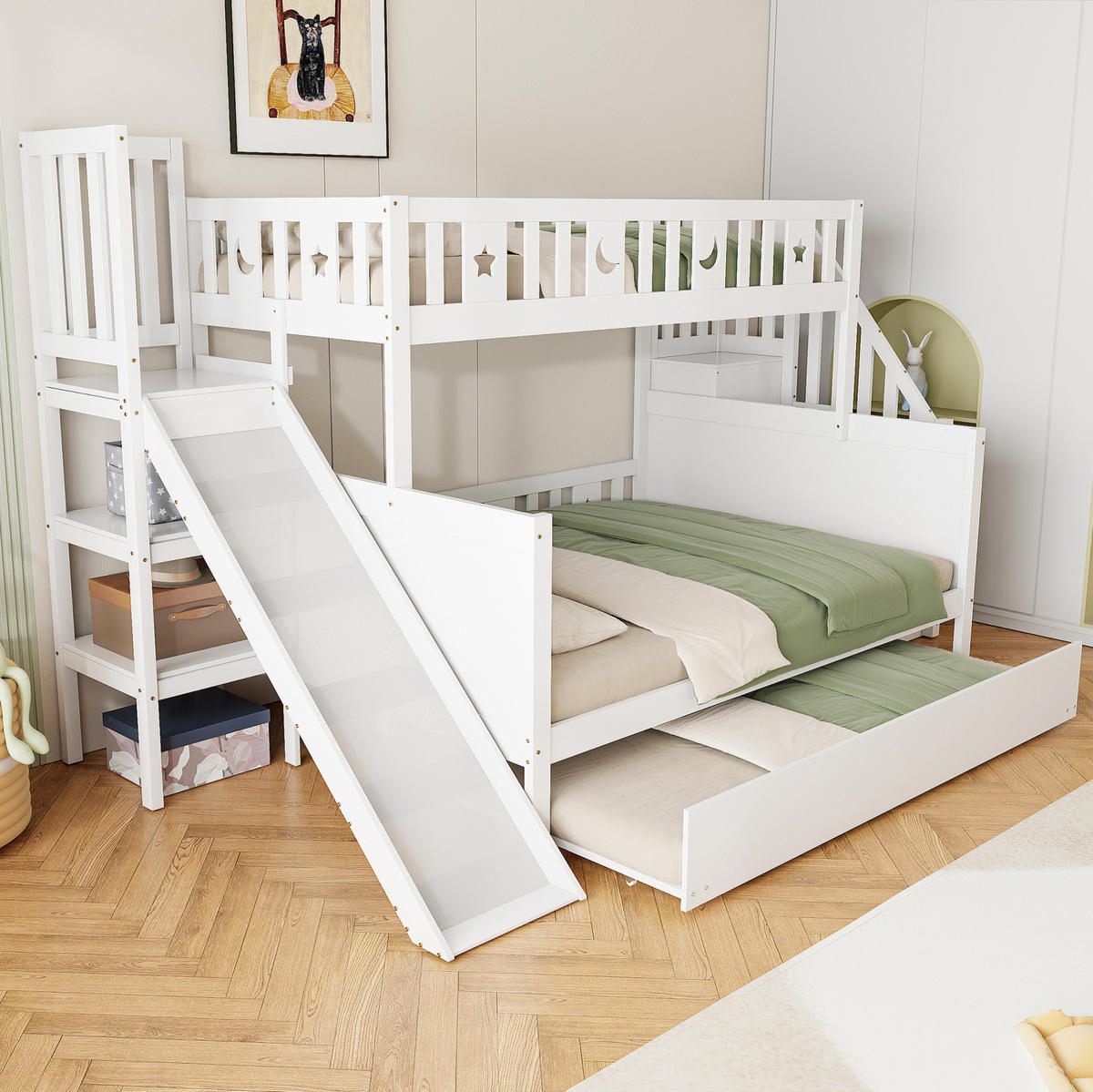 ETAGENBETT aus Massivholz 283x163x172,5 cm in Weiß mit Rutsche & Ausziehbett - Weiß, Holz (90/200cm) - Modfu