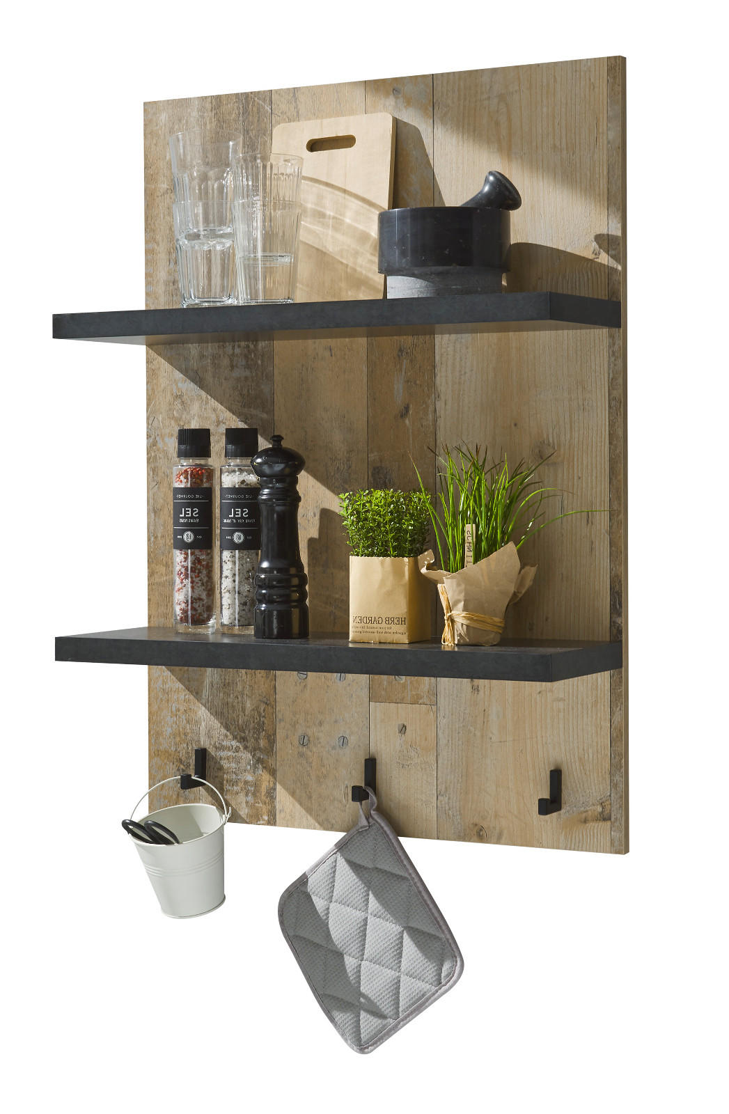 KÜCHENREGAL Used Wood Vintage 60 cm, Gewürzregal mit Ablagen und Haken - Anthrazit/Naturfarben, Holzwerkstoff (60/84/21cm) - Furn.Design