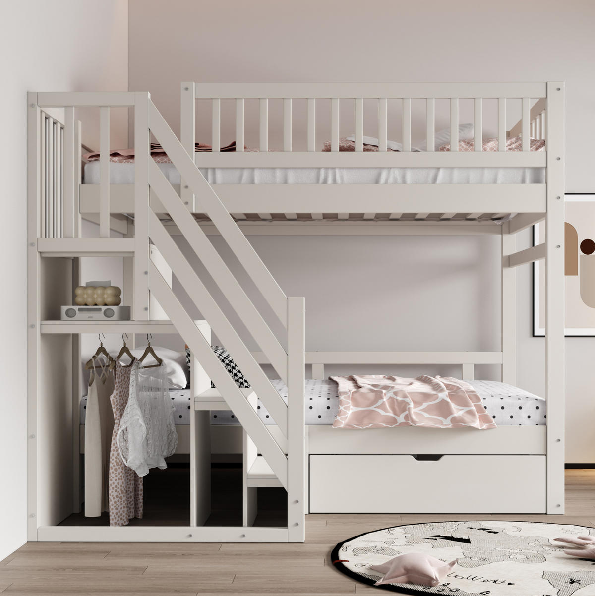 ETAGENBETT 90/200 cm Weiß aus Massivholz mit Sicherheitsgitter und Stauraum - Weiß, Holzwerkstoff (90/200cm) - OKWISH