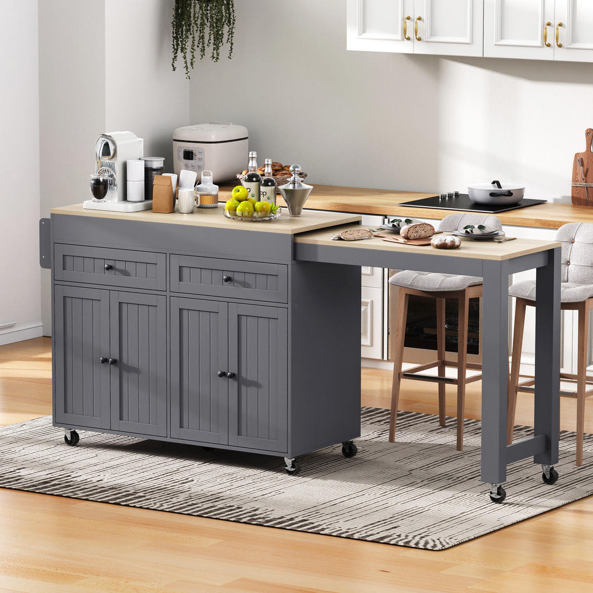 KÜCHENINSEL 112-180.5x45x92.2 cm mit Ausziehplatte & Rollen - Grau, Holzwerkstoff (180.5/92.2/45cm) - Modfu