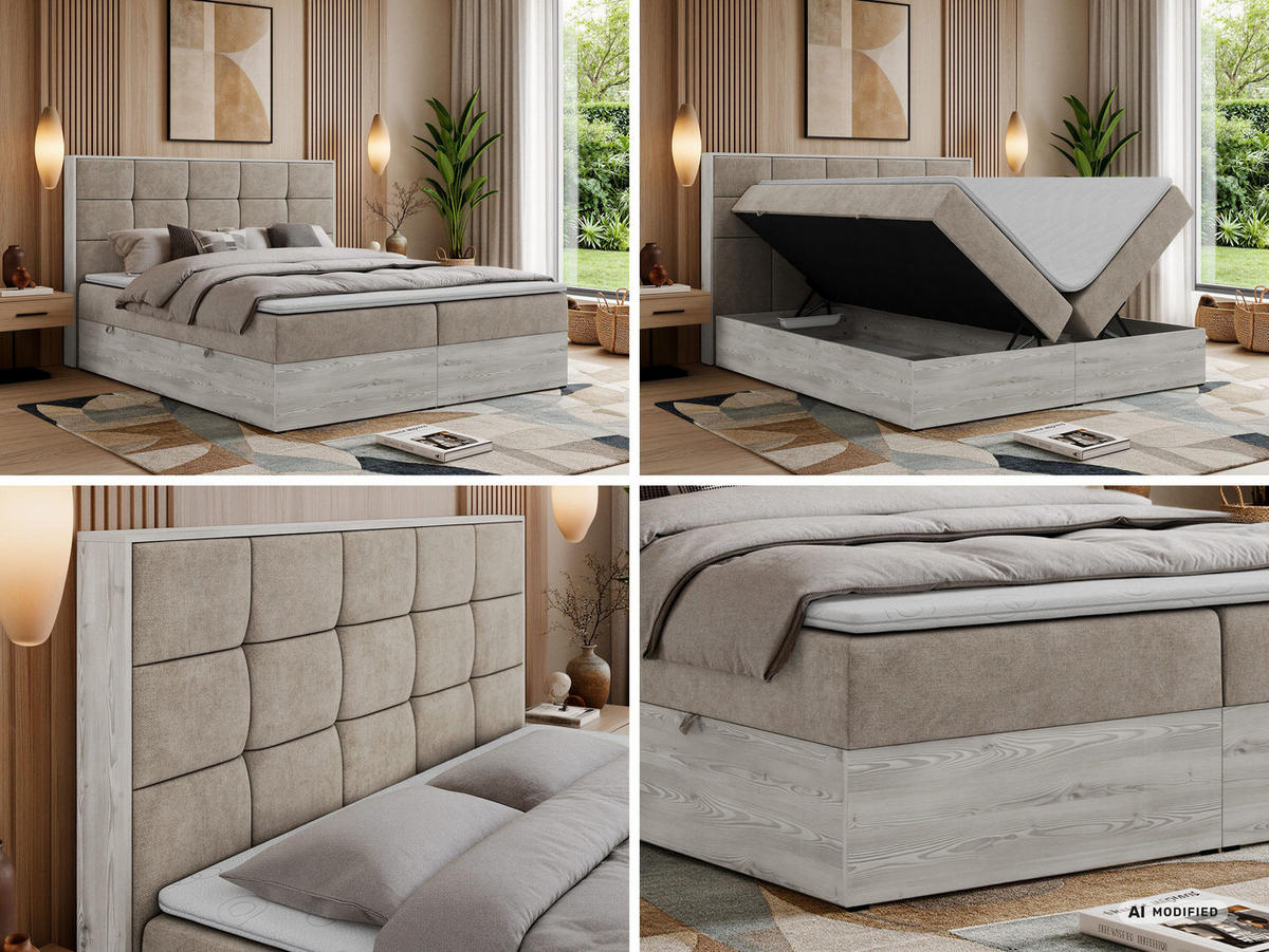 BOXSPRINGOVÁ POSTEĽ ALNOR 200/200 Sivobéžová Štruktúrovaná látka - Topper T25 - H3 (stredne tvrdý) - čierna/sivobéžová, textil/plast (200/200cm) - MKS