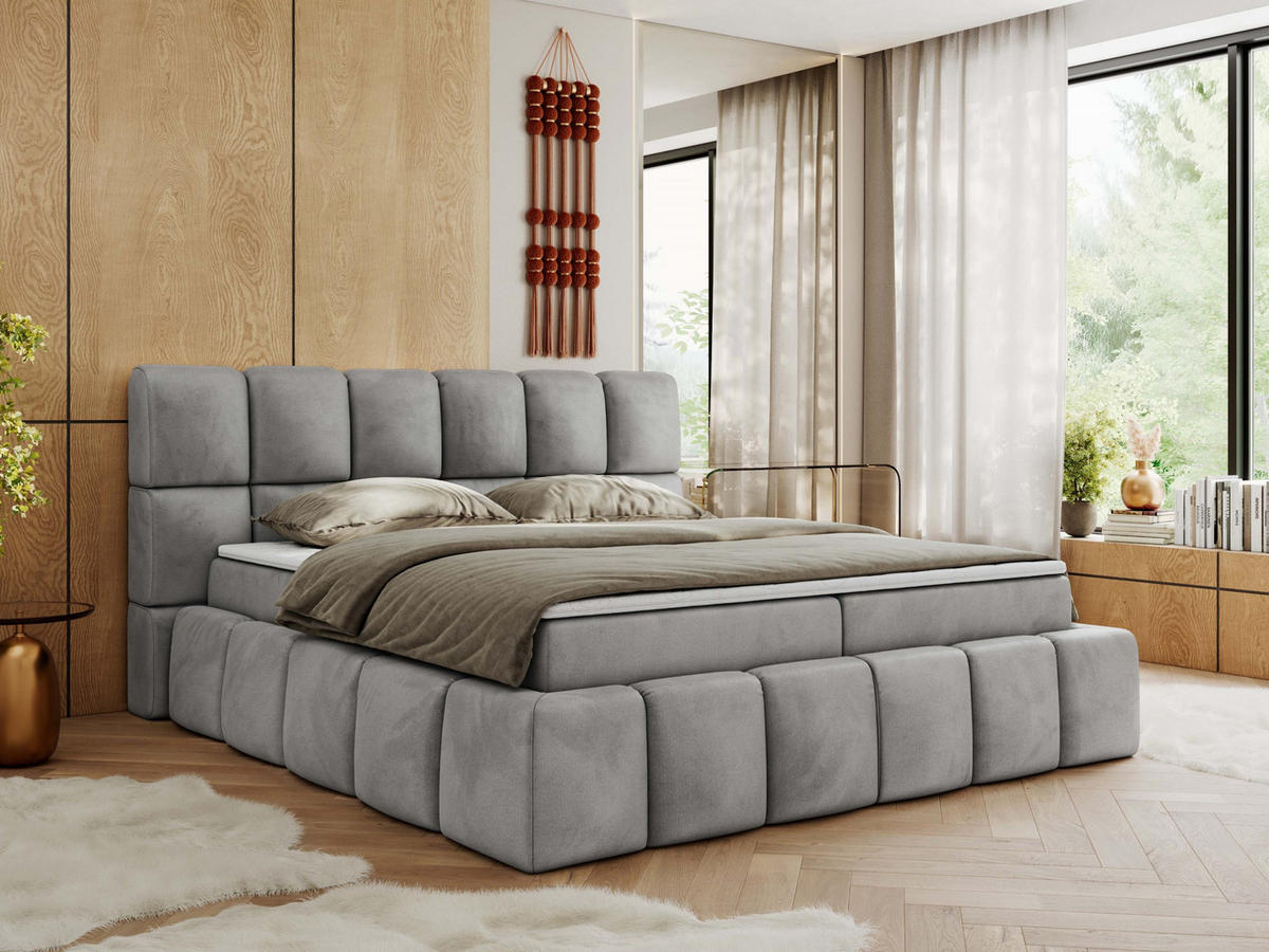 BOXBETT NIRA 200/200 - Hellgrau Velvet - H3 - Hellgrau, Holz/Textil (200/200cm) - MKS