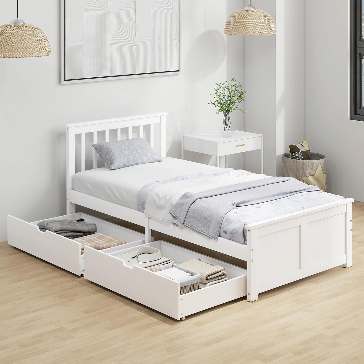 BETT 90 x 200 cm Bettrahmen mit Lattenrost aus Holz, Schublade, Kopfteil, Weiß - Weiß, Holzwerkstoff (90/200cm) - HOMCOM