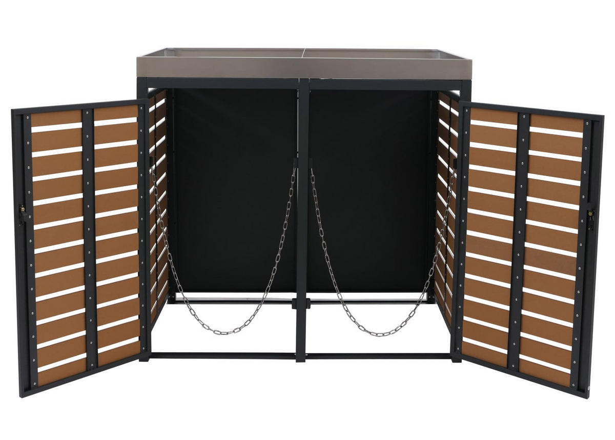 MÜLLTONNENVERKLEIDUNG 2er 124x134x84cm mit Pflanzkasten Teak-Optik - Braun, Metall (134/124/84cm) - PROREGAL