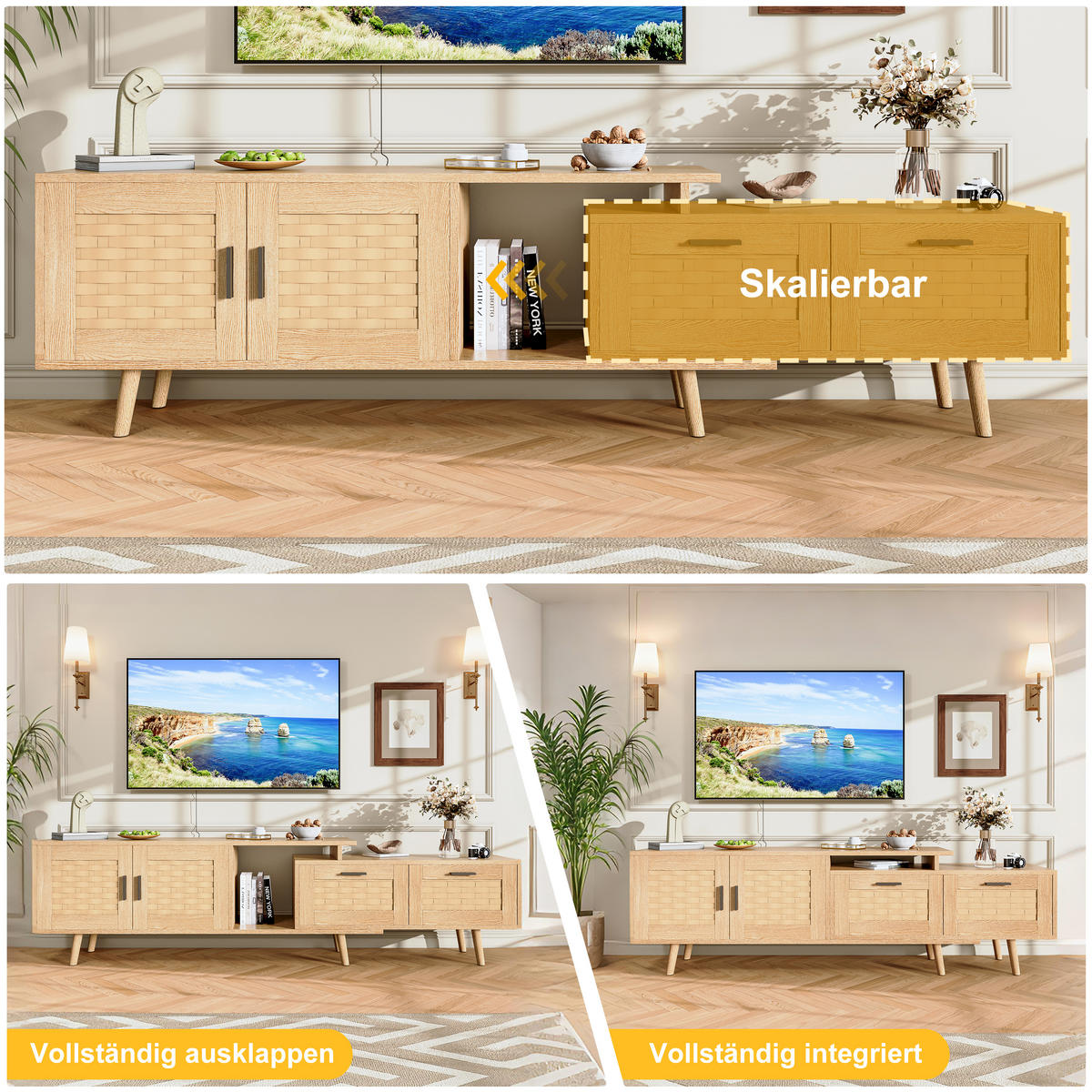 TV-LOWBOARD ausziehbar 146–180 cm, Eiche-Optik mit Rattan-Fronten & Stauraum - Braun, Holzwerkstoff (29.8/44/169cm) - SHOPENTRA